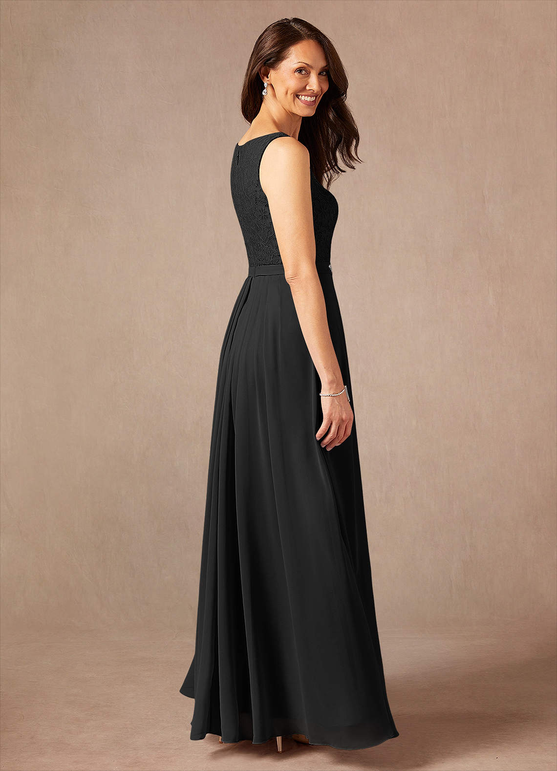Ainsling A-Line Square-Neck Chiffon and Lace Mother of the Bride Dress in black