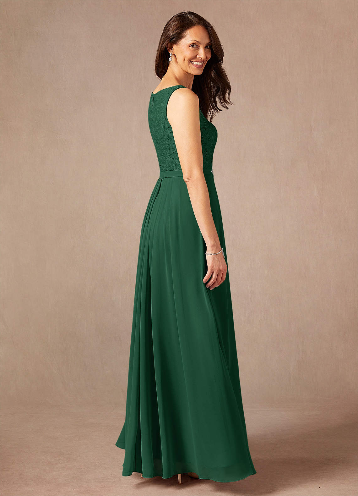 Ainsling A-Line Square-Neck Chiffon and Lace Mother of the Bride Dress in Dark Green