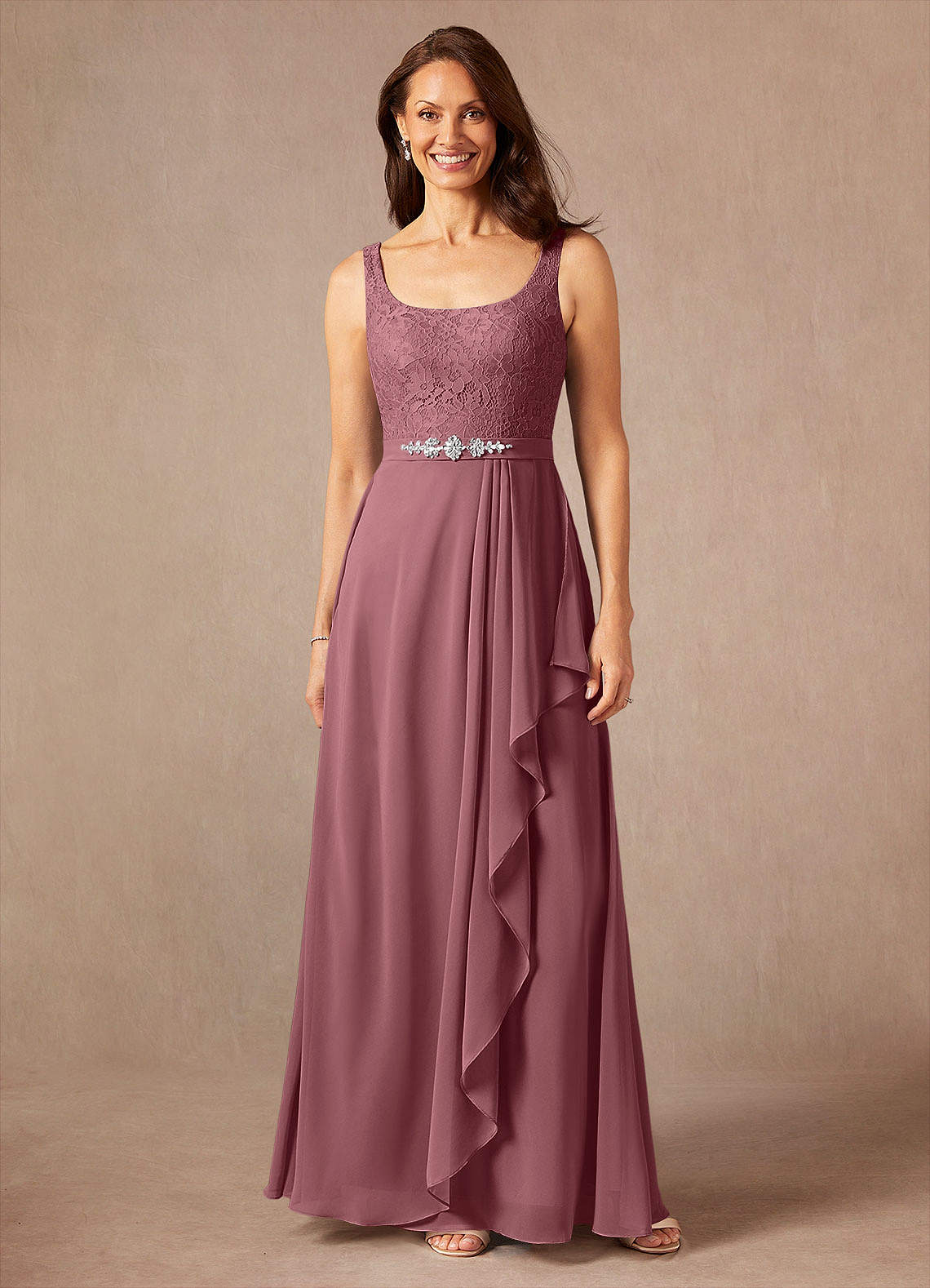 Ainsling A-Line Square-Neck Chiffon and Lace Mother of the Bride Dress in Desert Rose
