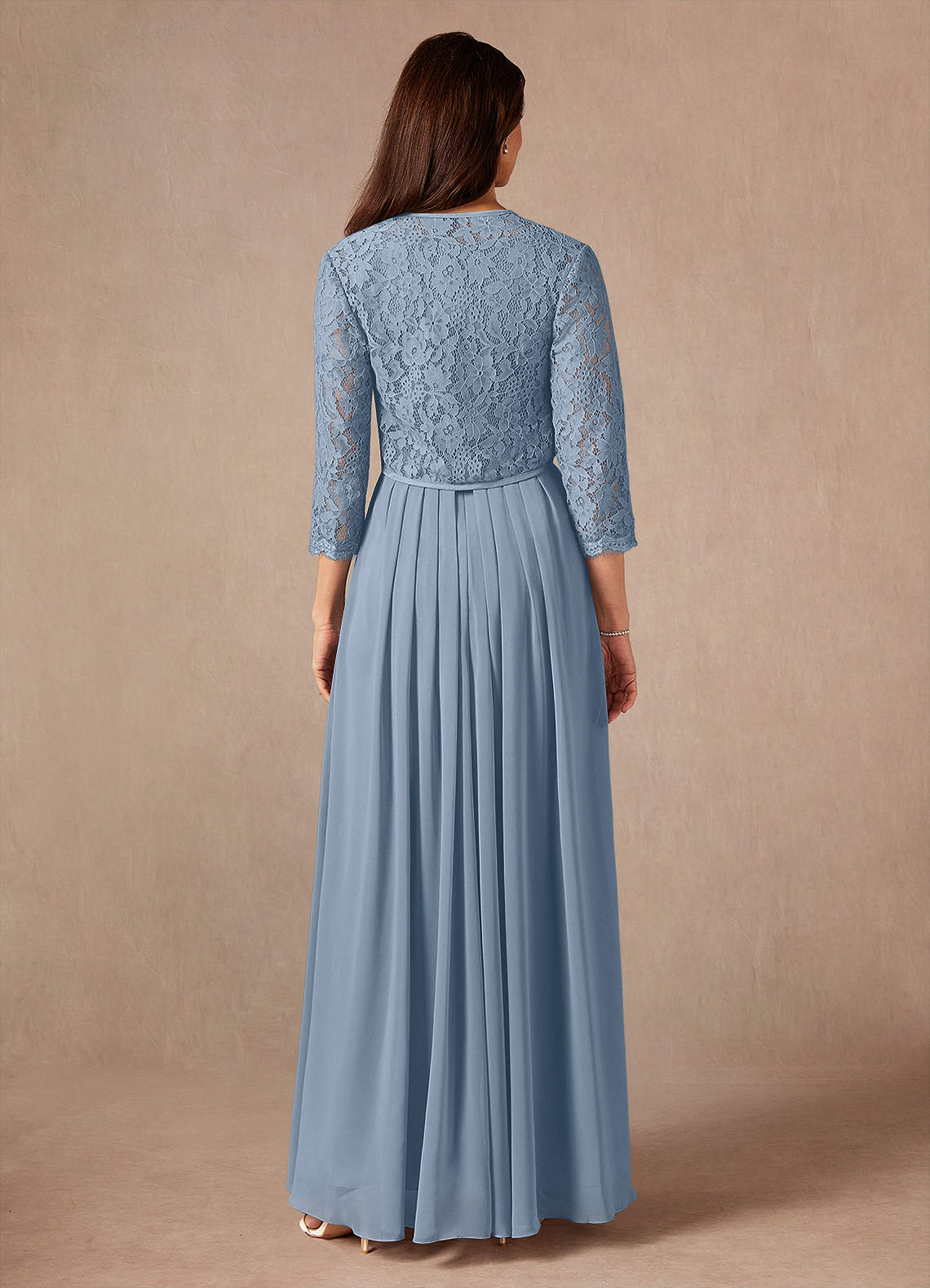 Ainsling A-Line Square-Neck Chiffon and Lace Mother of the Bride Dress in dusty blue