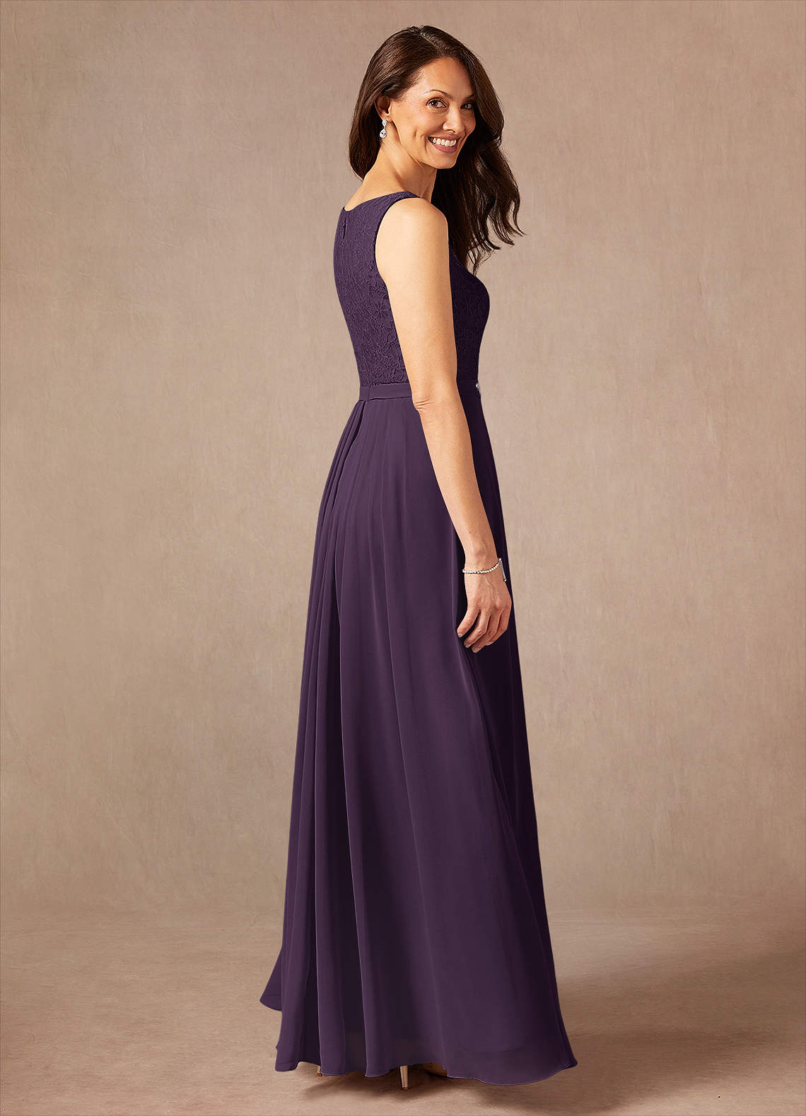 Ainsling A-Line Square-Neck Chiffon and Lace Mother of the Bride Dress in Plum
