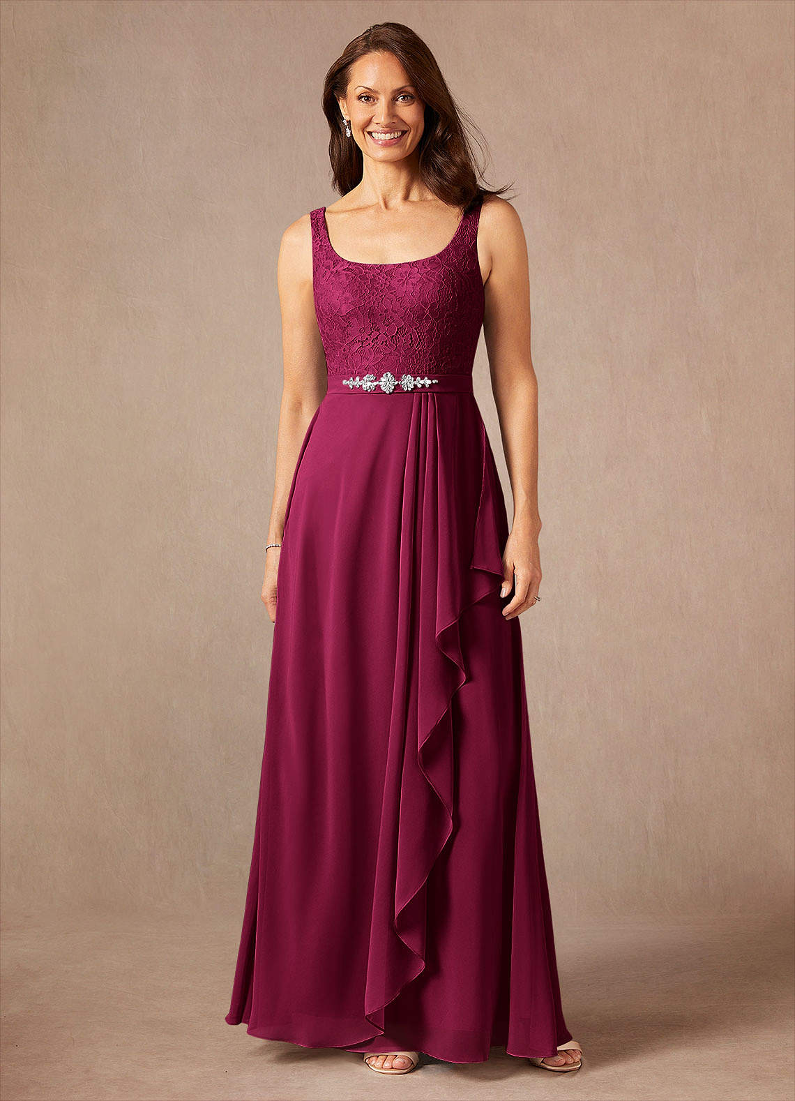 Ainsling A-Line Square-Neck Chiffon and Lace Mother of the Bride Dress in Burgundy