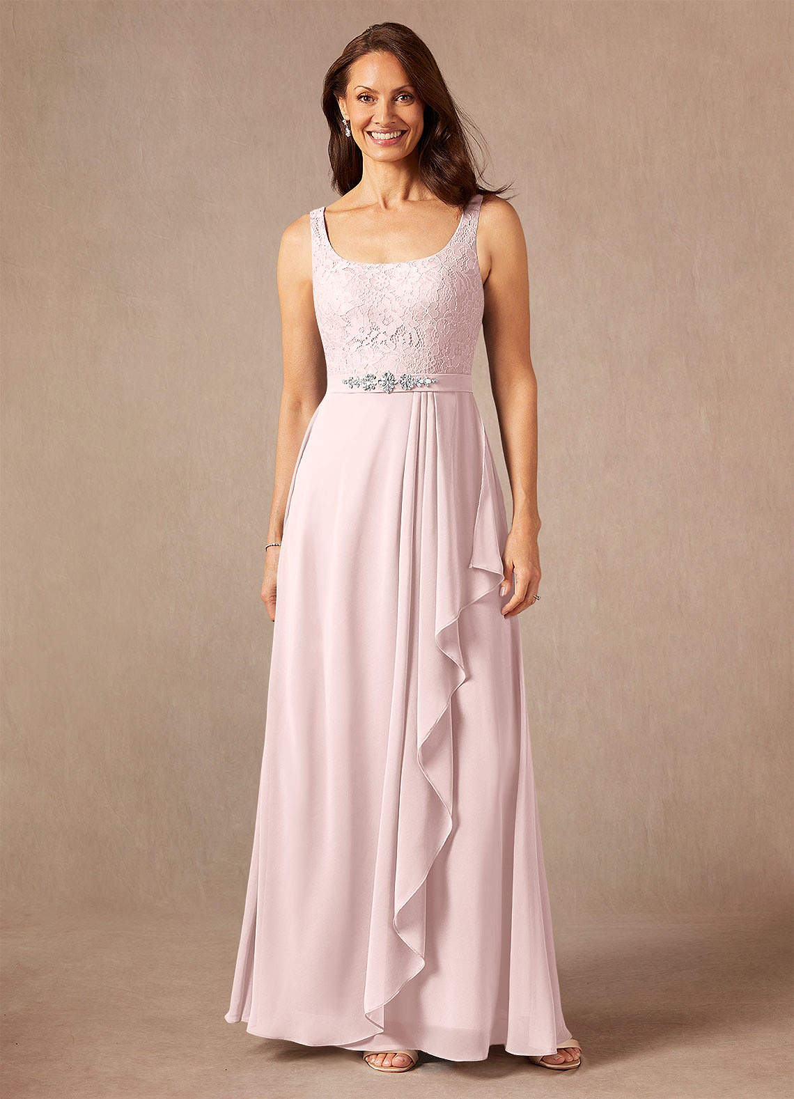 Ainsling A-Line Square-Neck Chiffon and Lace Mother of the Bride Dress in Blushing Pink