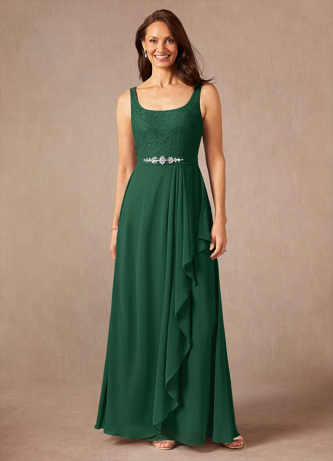 Ainsling A-Line Square-Neck Chiffon and Lace Mother of the Bride Dress in Dark Green