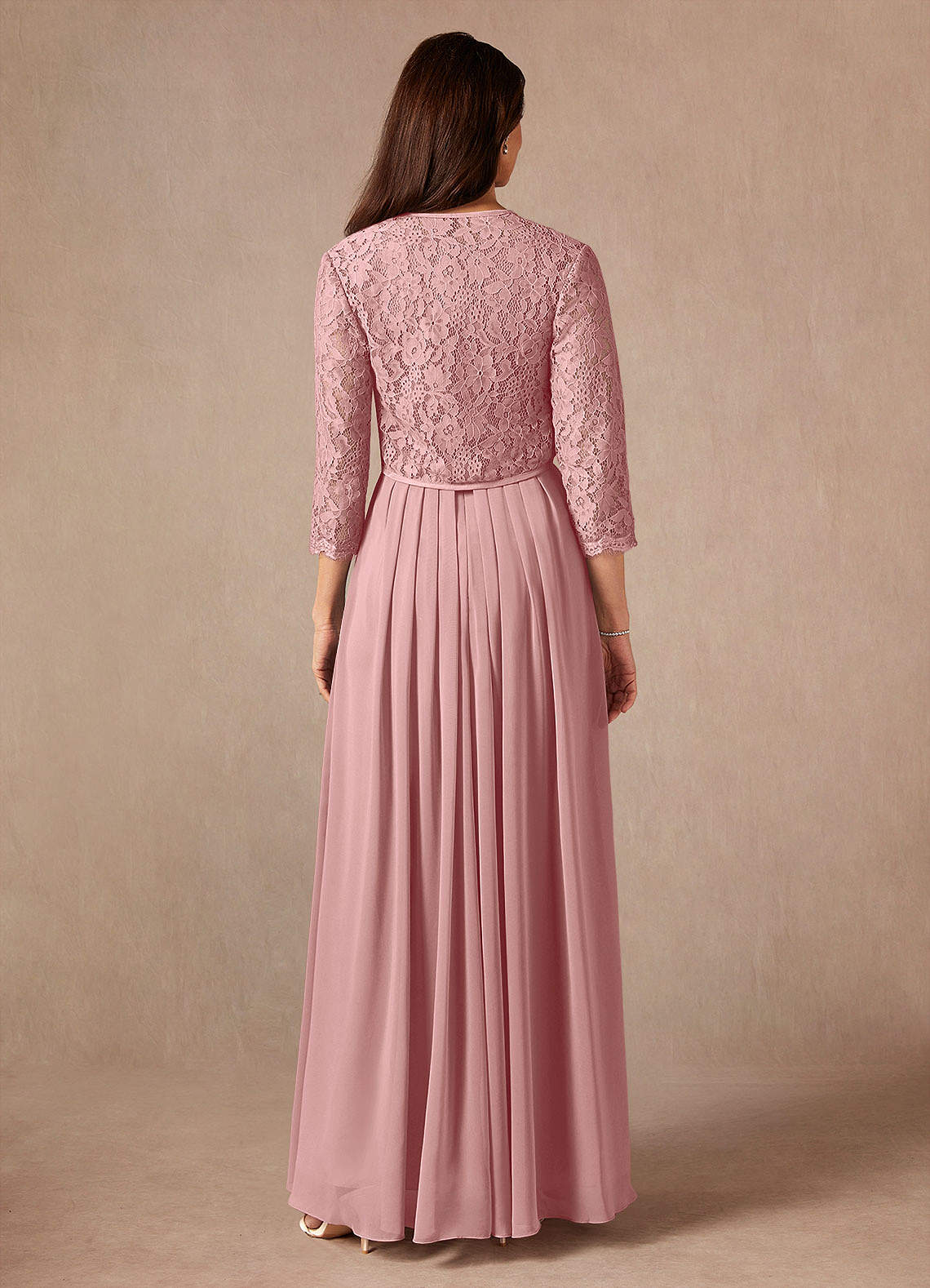 Ainsling A-Line Square-Neck Chiffon and Lace Mother of the Bride Dress in Dusty Rose