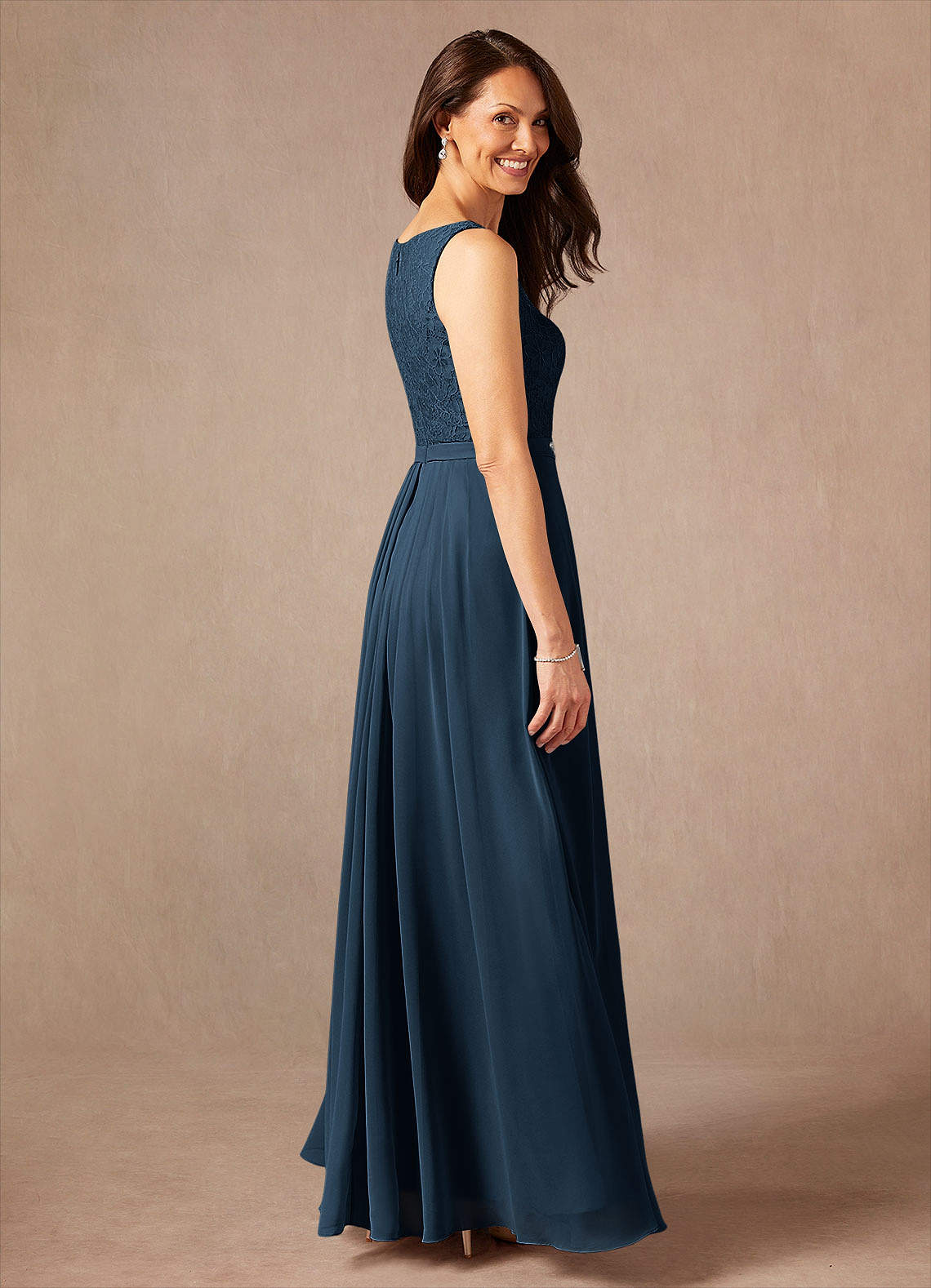 Ainsling A-Line Square-Neck Chiffon and Lace Mother of the Bride Dress in Dark Navy