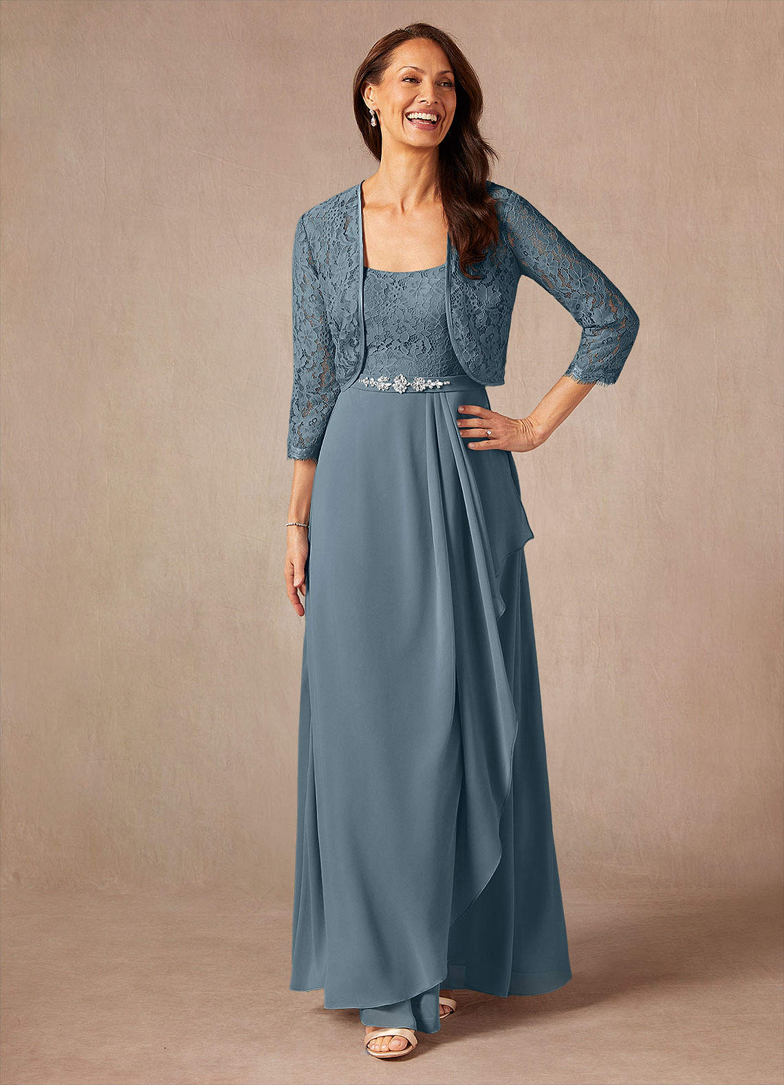 Ainsling A-Line Square-Neck Chiffon and Lace Mother of the Bride Dress in Twilight