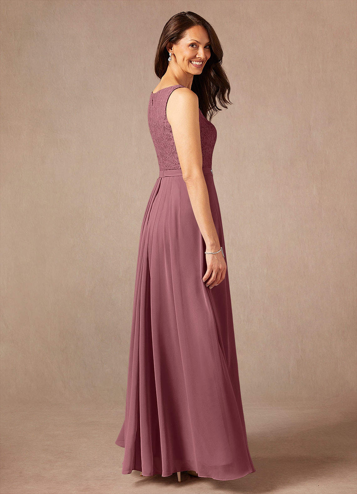Ainsling A-Line Square-Neck Chiffon and Lace Mother of the Bride Dress in Desert Rose