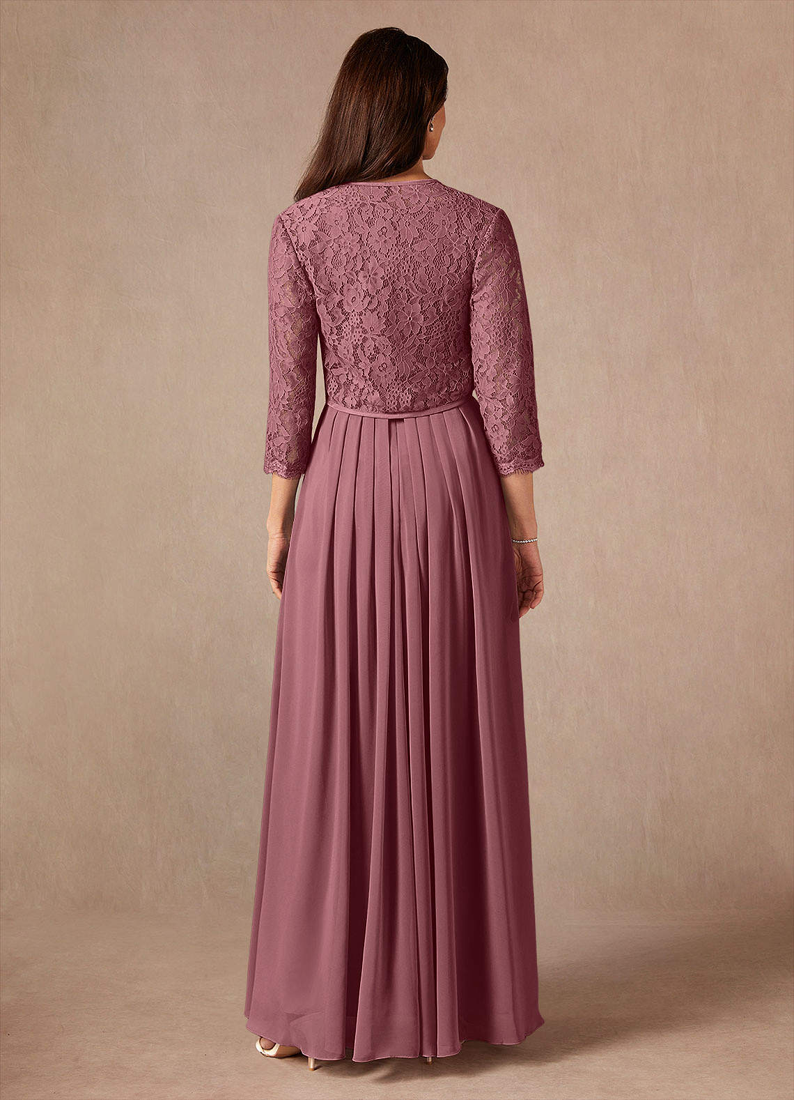 Ainsling A-Line Square-Neck Chiffon and Lace Mother of the Bride Dress in Desert Rose