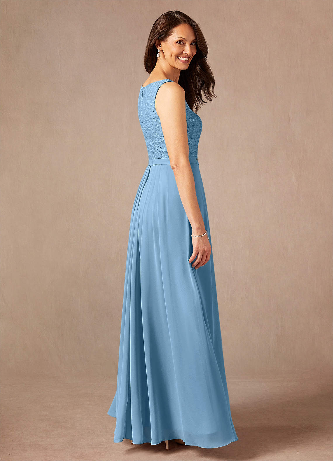 Ainsling A-Line Square-Neck Chiffon and Lace Mother of the Bride Dress in Steel Blue