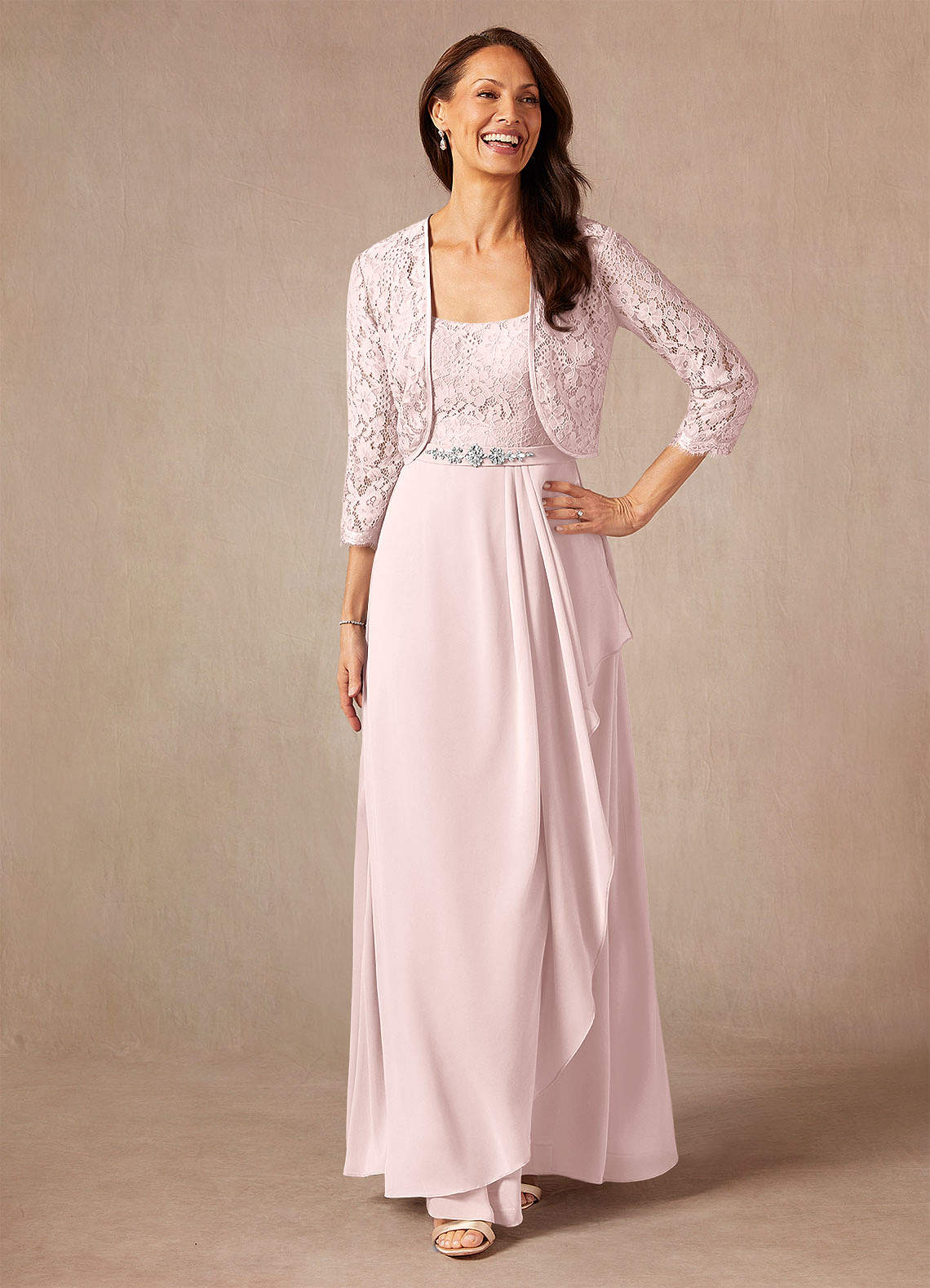 Ainsling A-Line Square-Neck Chiffon and Lace Mother of the Bride Dress in Blushing Pink