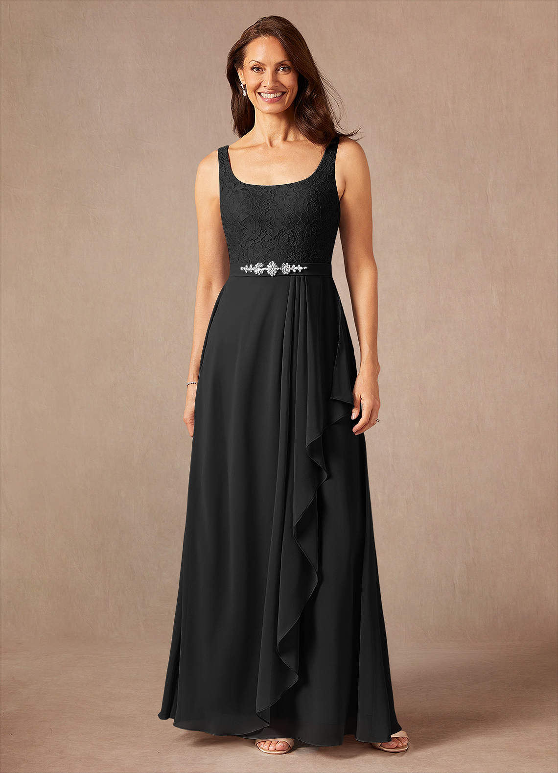 Ainsling A-Line Square-Neck Chiffon and Lace Mother of the Bride Dress in black