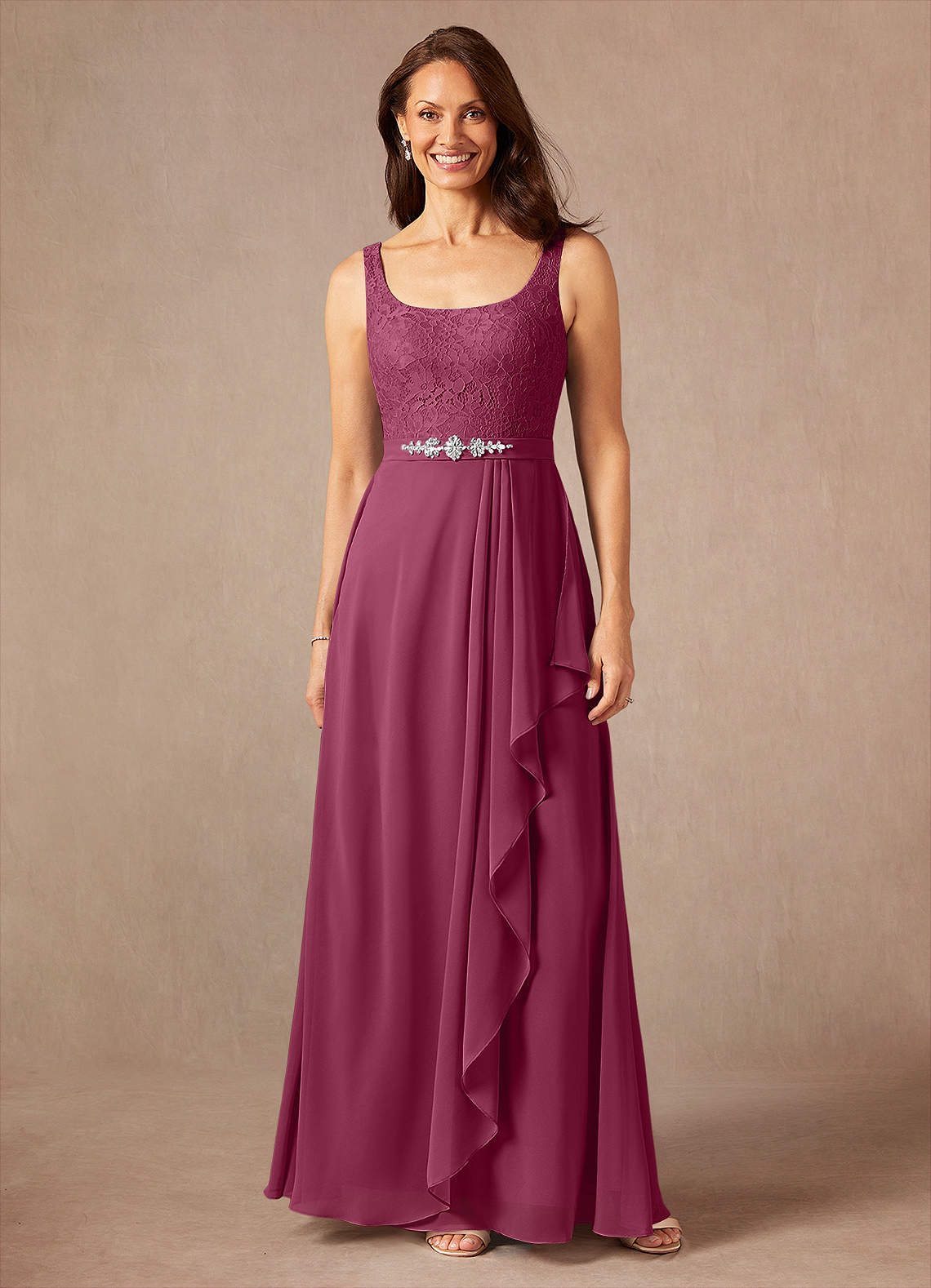 Ainsling A-Line Square-Neck Chiffon and Lace Mother of the Bride Dress in Mulberry
