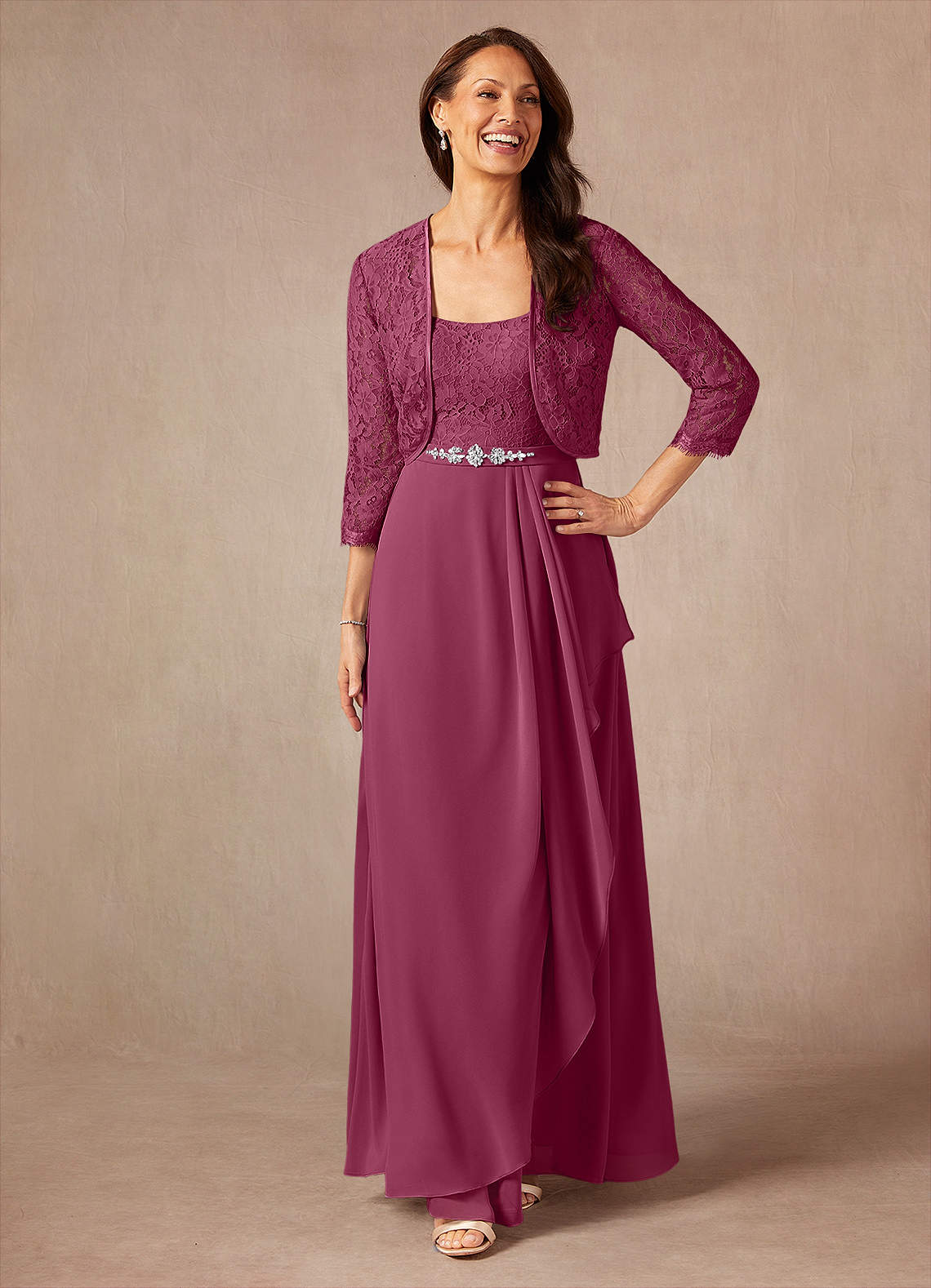 Ainsling A-Line Square-Neck Chiffon and Lace Mother of the Bride Dress in Mulberry