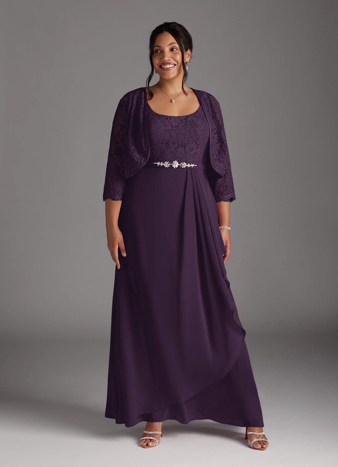 Ainsling A-Line Square-Neck Chiffon and Lace Mother of the Bride Dress