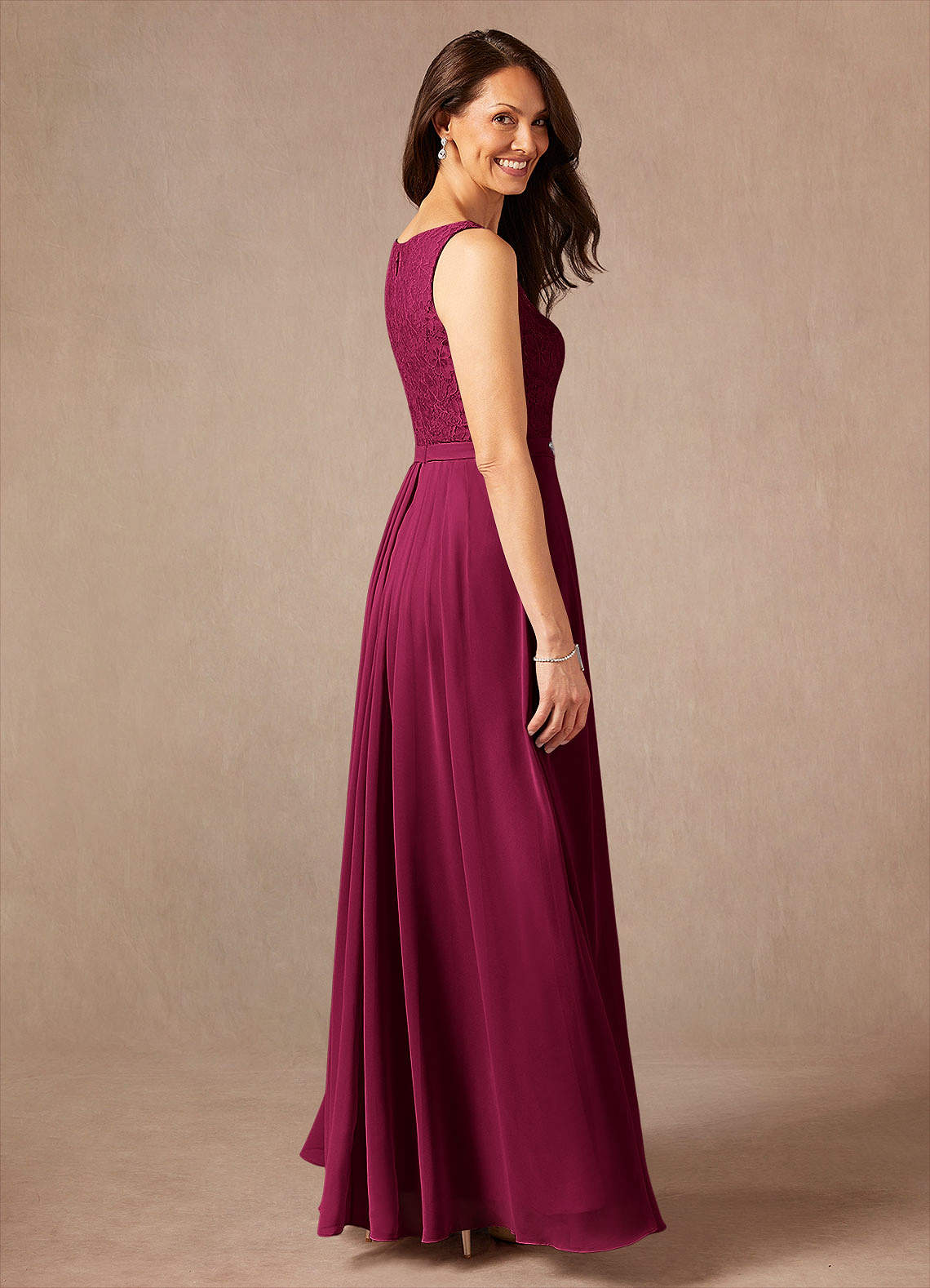 Ainsling A-Line Square-Neck Chiffon and Lace Mother of the Bride Dress in Burgundy
