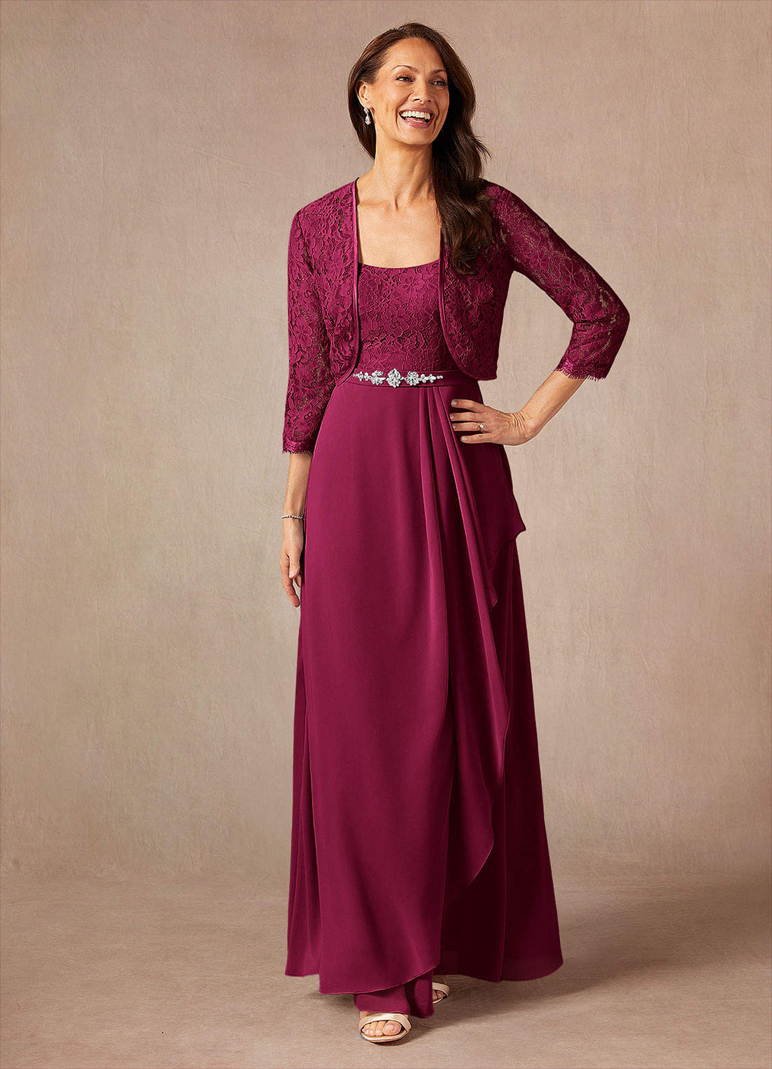 Ainsling A-Line Square-Neck Chiffon and Lace Mother of the Bride Dress in Burgundy