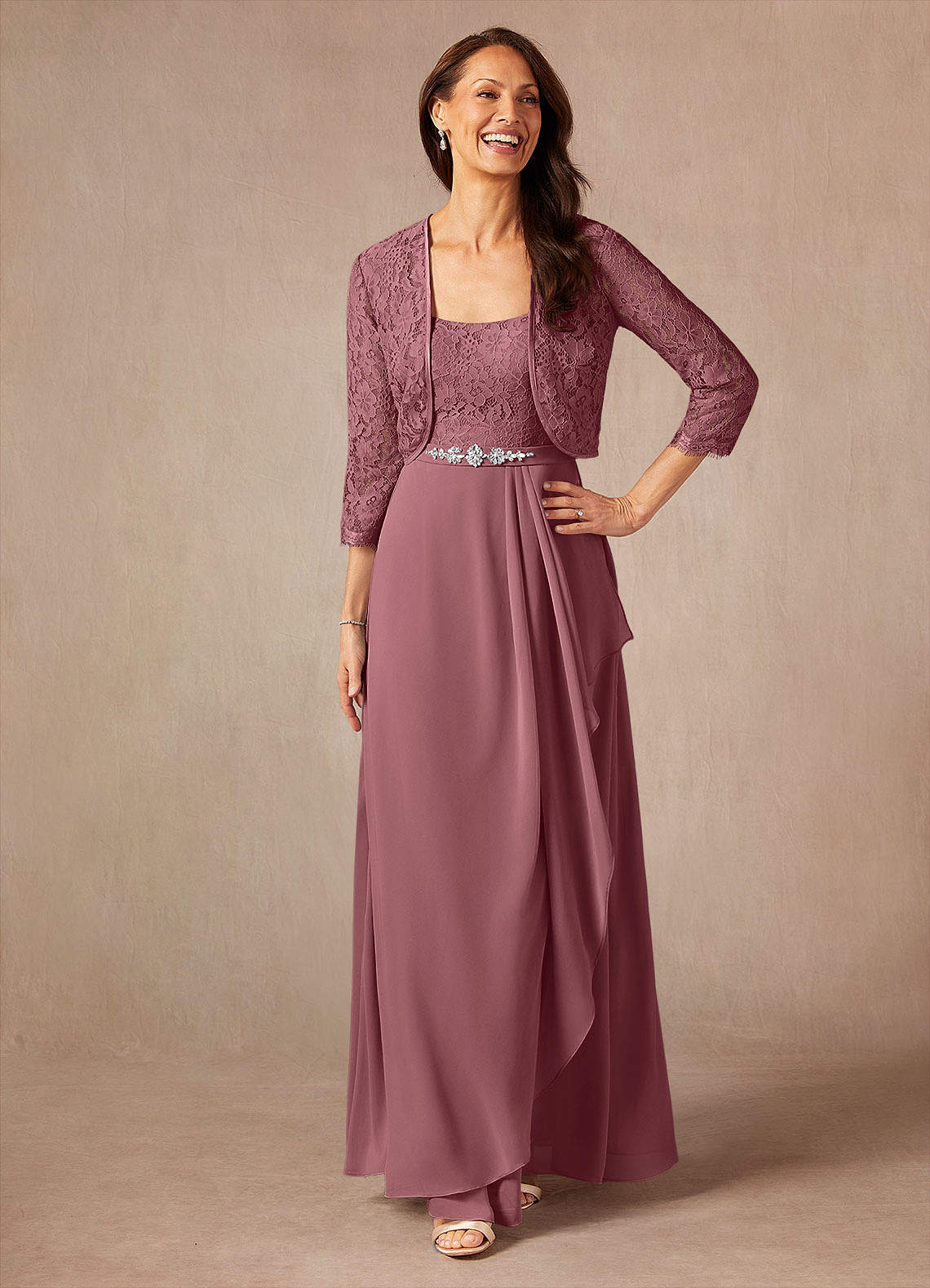 Ainsling A-Line Square-Neck Chiffon and Lace Mother of the Bride Dress in Desert Rose