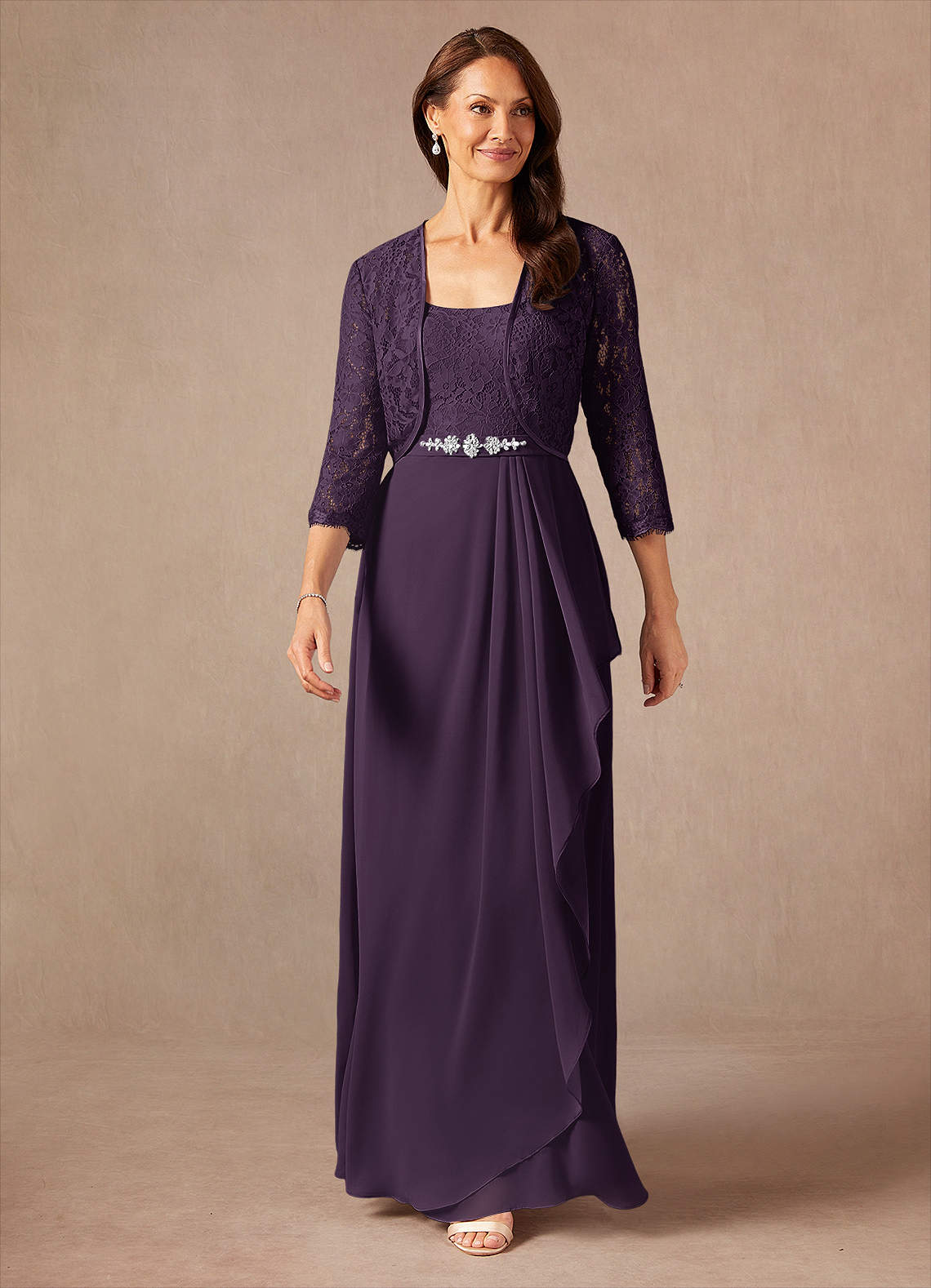 Ainsling A-Line Square-Neck Chiffon and Lace Mother of the Bride Dress