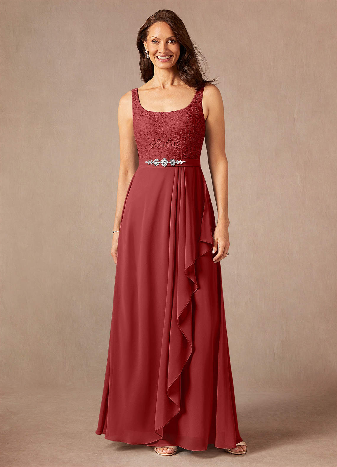 Ainsling A-Line Square-Neck Chiffon and Lace Mother of the Bride Dress in Rust