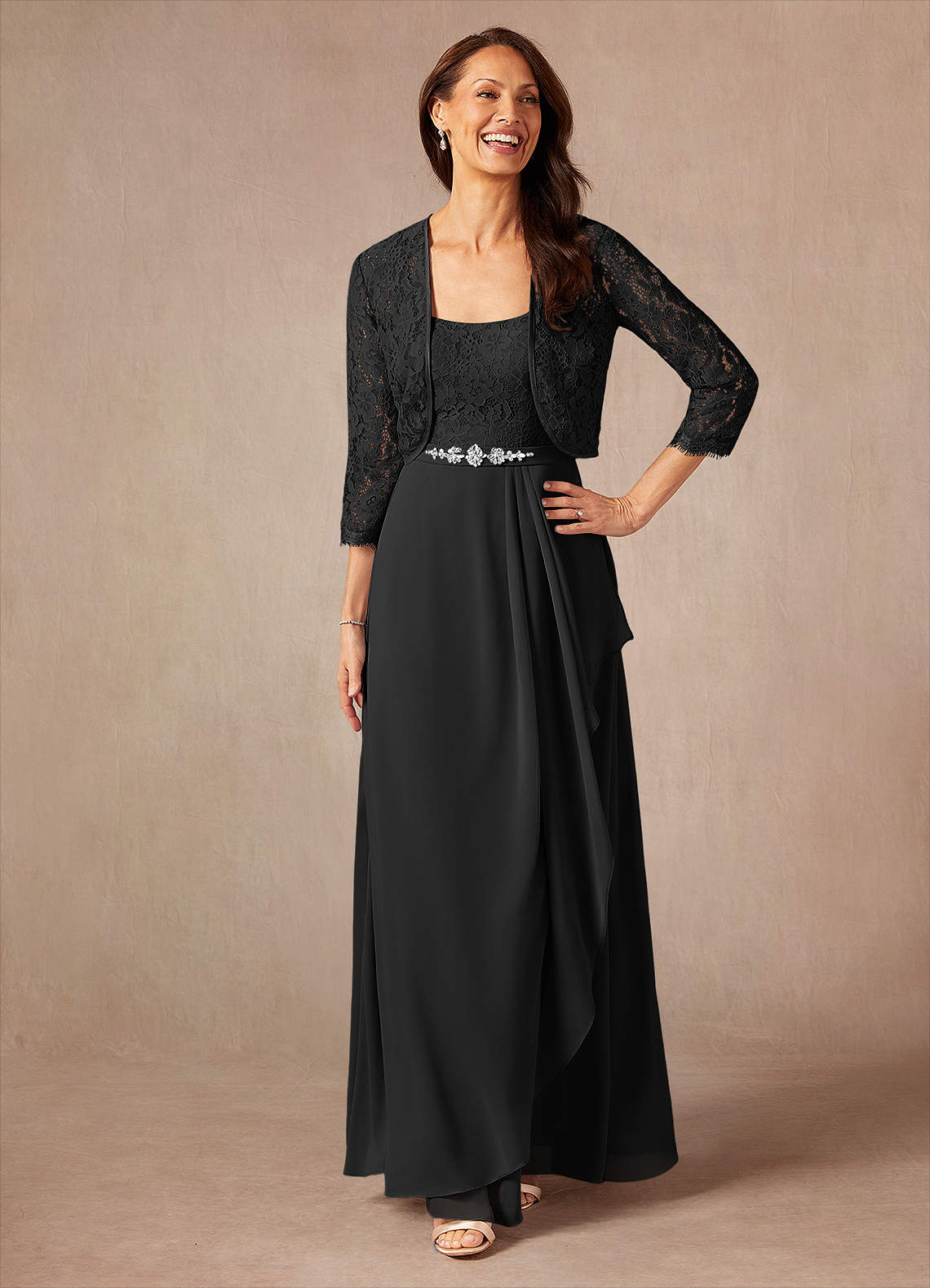 Ainsling A-Line Square-Neck Chiffon and Lace Mother of the Bride Dress in black