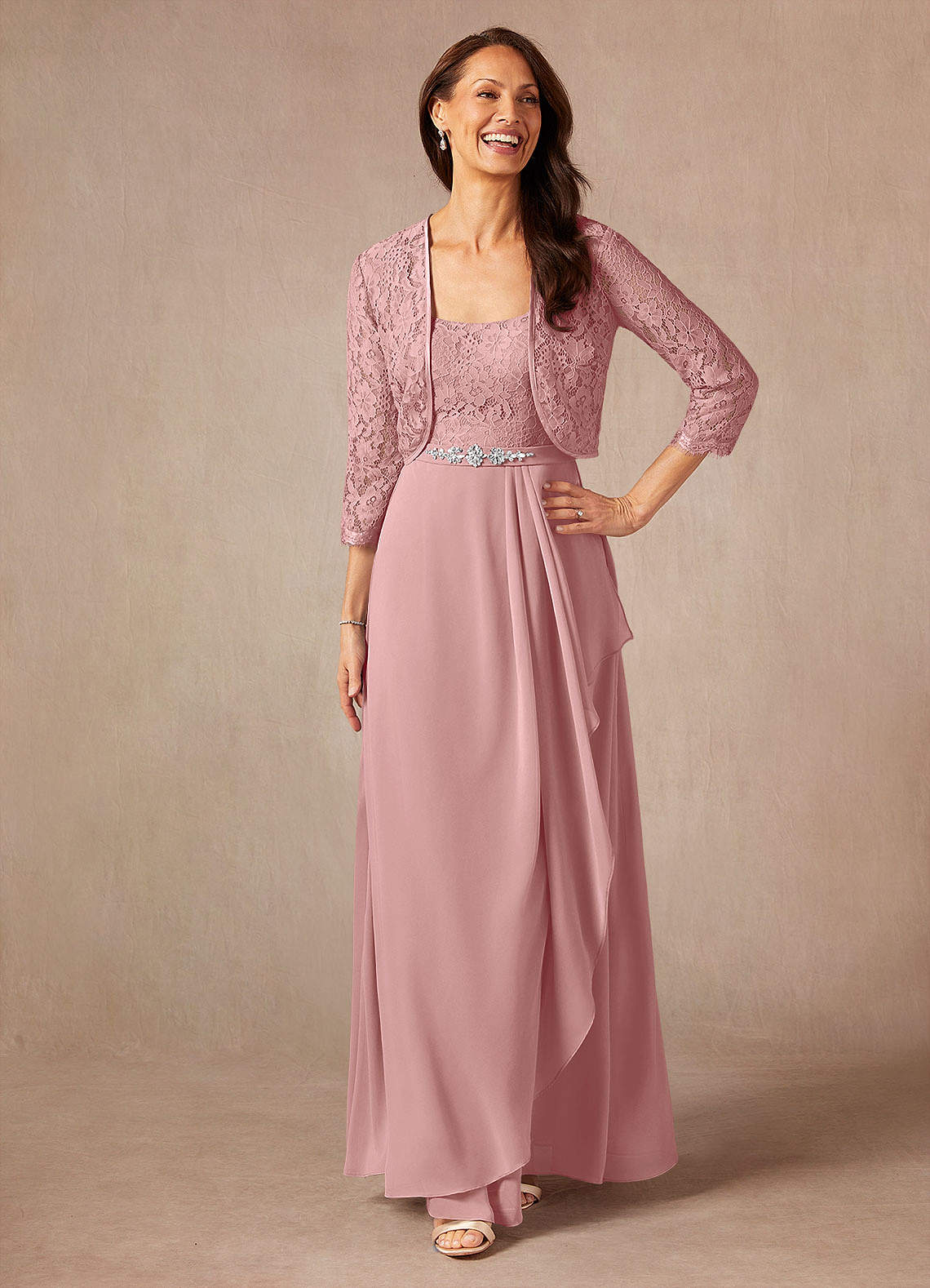Ainsling A-Line Square-Neck Chiffon and Lace Mother of the Bride Dress in Dusty Rose