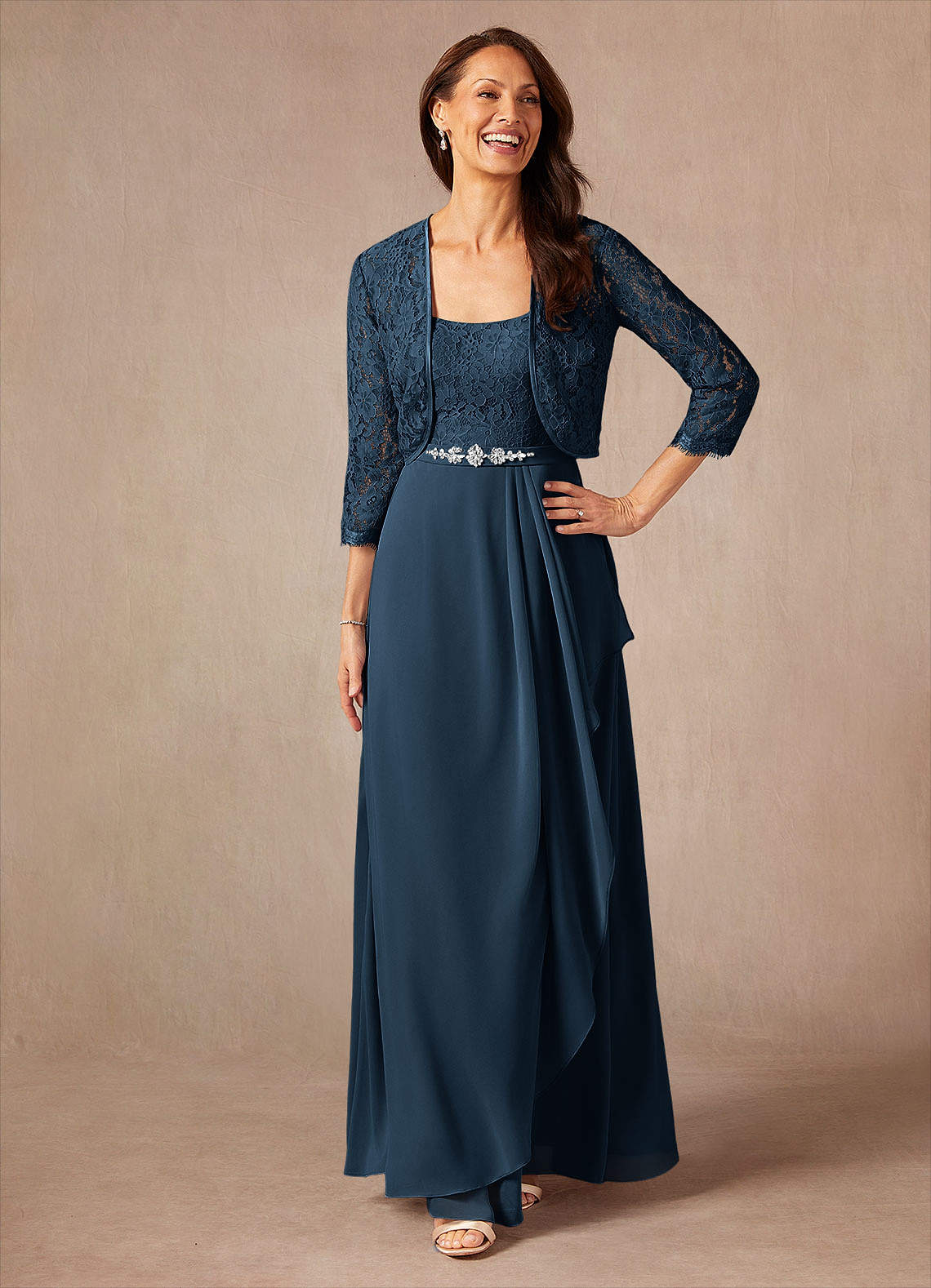 Ainsling A-Line Square-Neck Chiffon and Lace Mother of the Bride Dress in Dark Navy