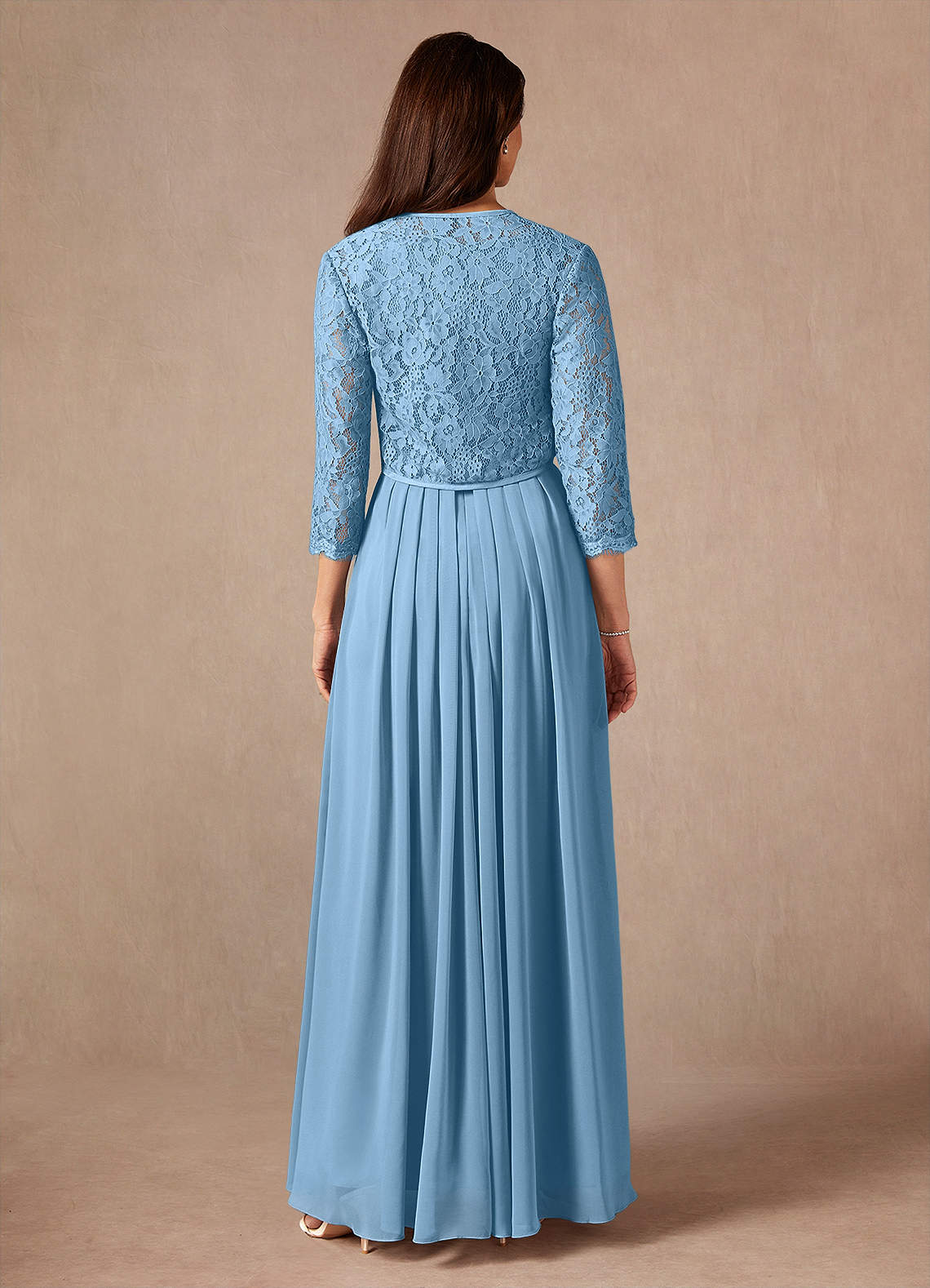 Ainsling A-Line Square-Neck Chiffon and Lace Mother of the Bride Dress in Steel Blue