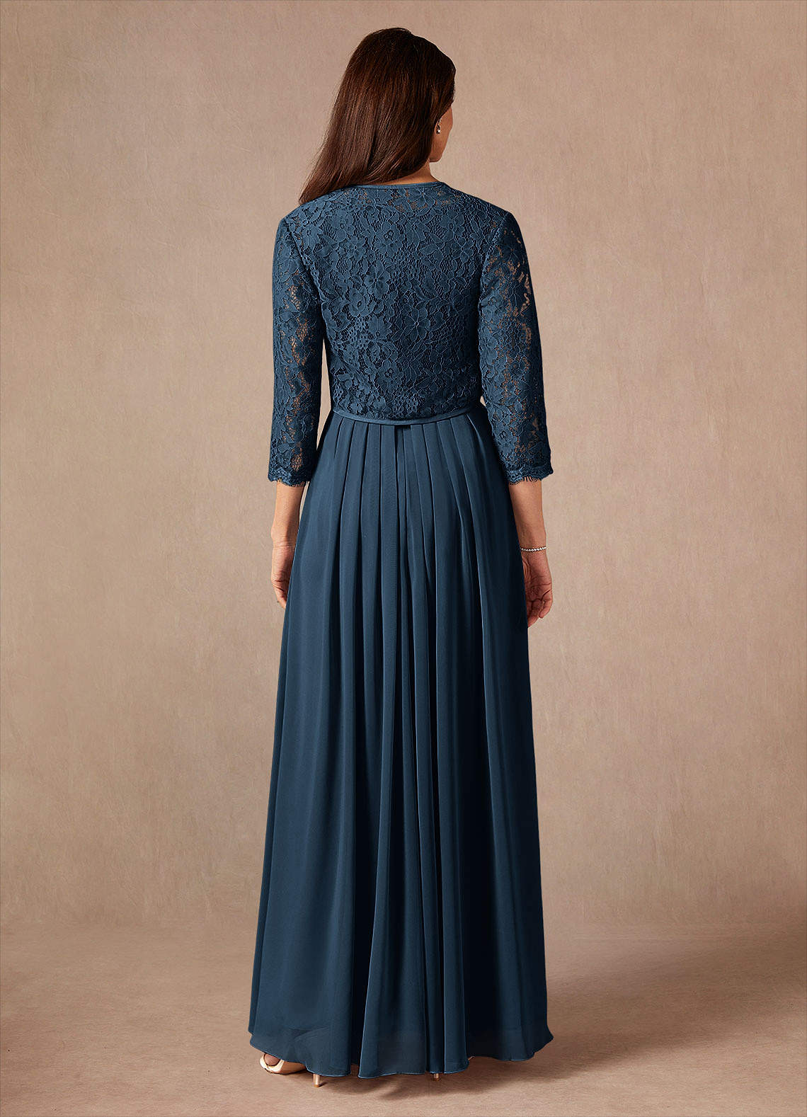 Ainsling A-Line Square-Neck Chiffon and Lace Mother of the Bride Dress in Dark Navy