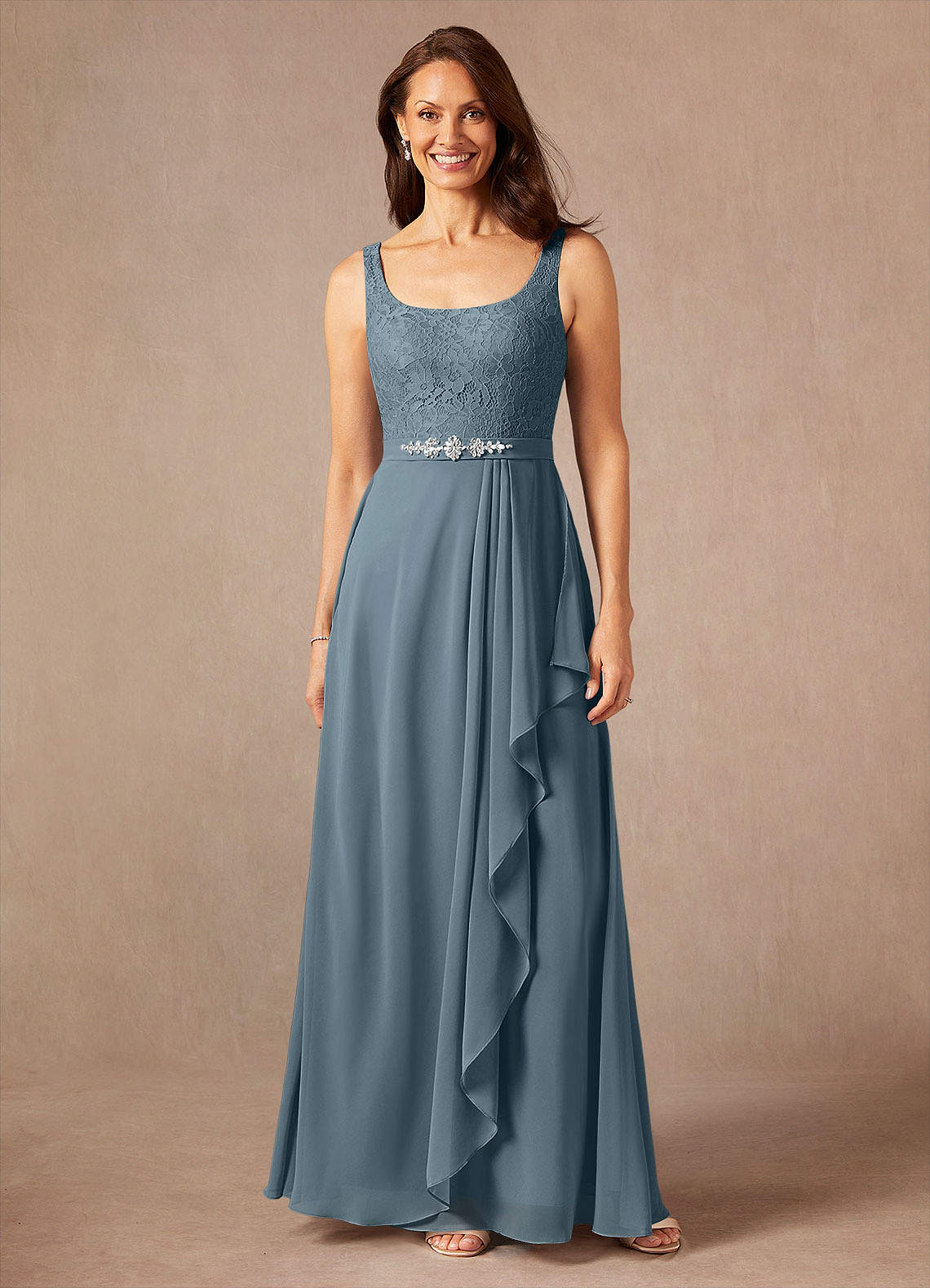 Ainsling A-Line Square-Neck Chiffon and Lace Mother of the Bride Dress in Twilight