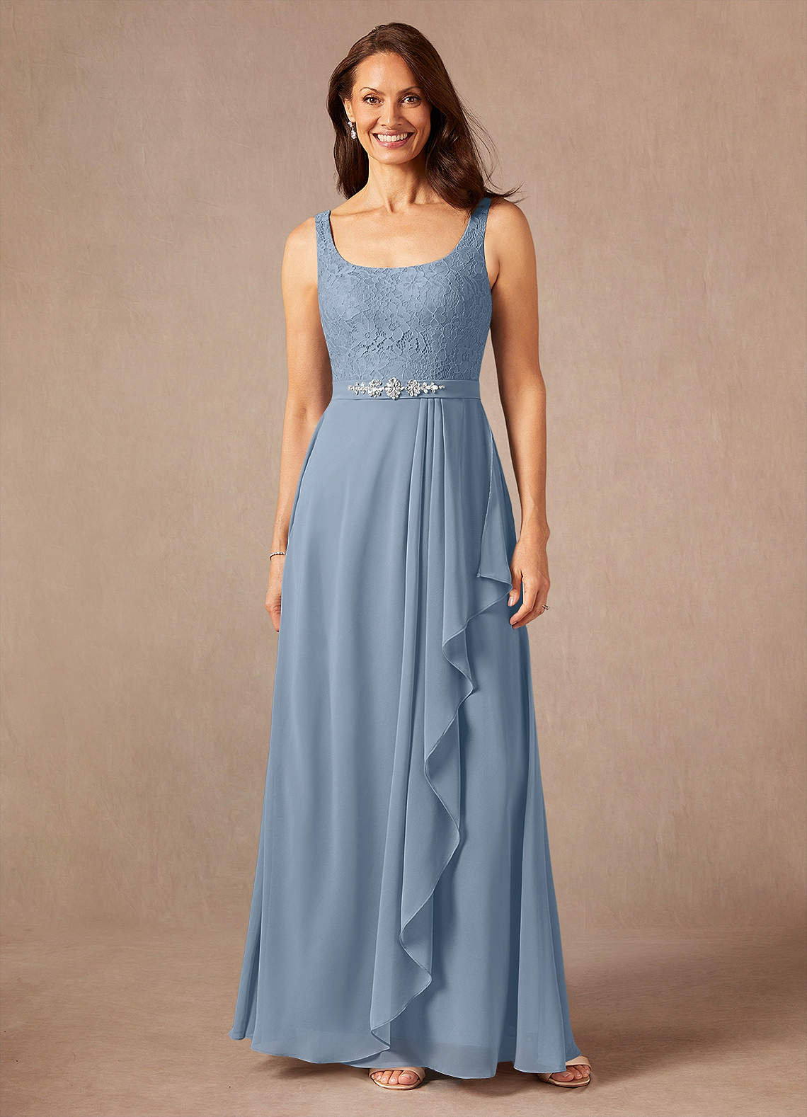 Ainsling A-Line Square-Neck Chiffon and Lace Mother of the Bride Dress in dusty blue