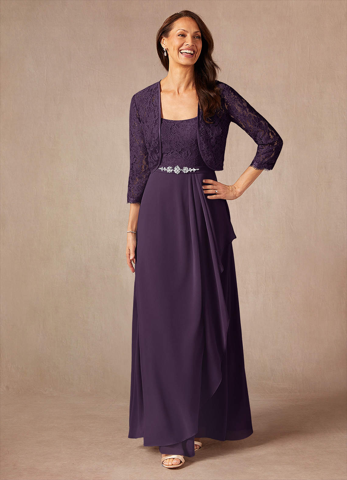 Ainsling A-Line Square-Neck Chiffon and Lace Mother of the Bride Dress