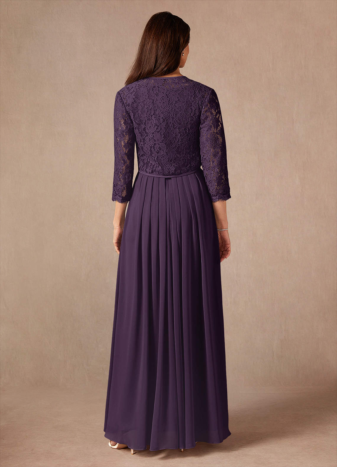Ainsling A-Line Square-Neck Chiffon and Lace Mother of the Bride Dress in Plum