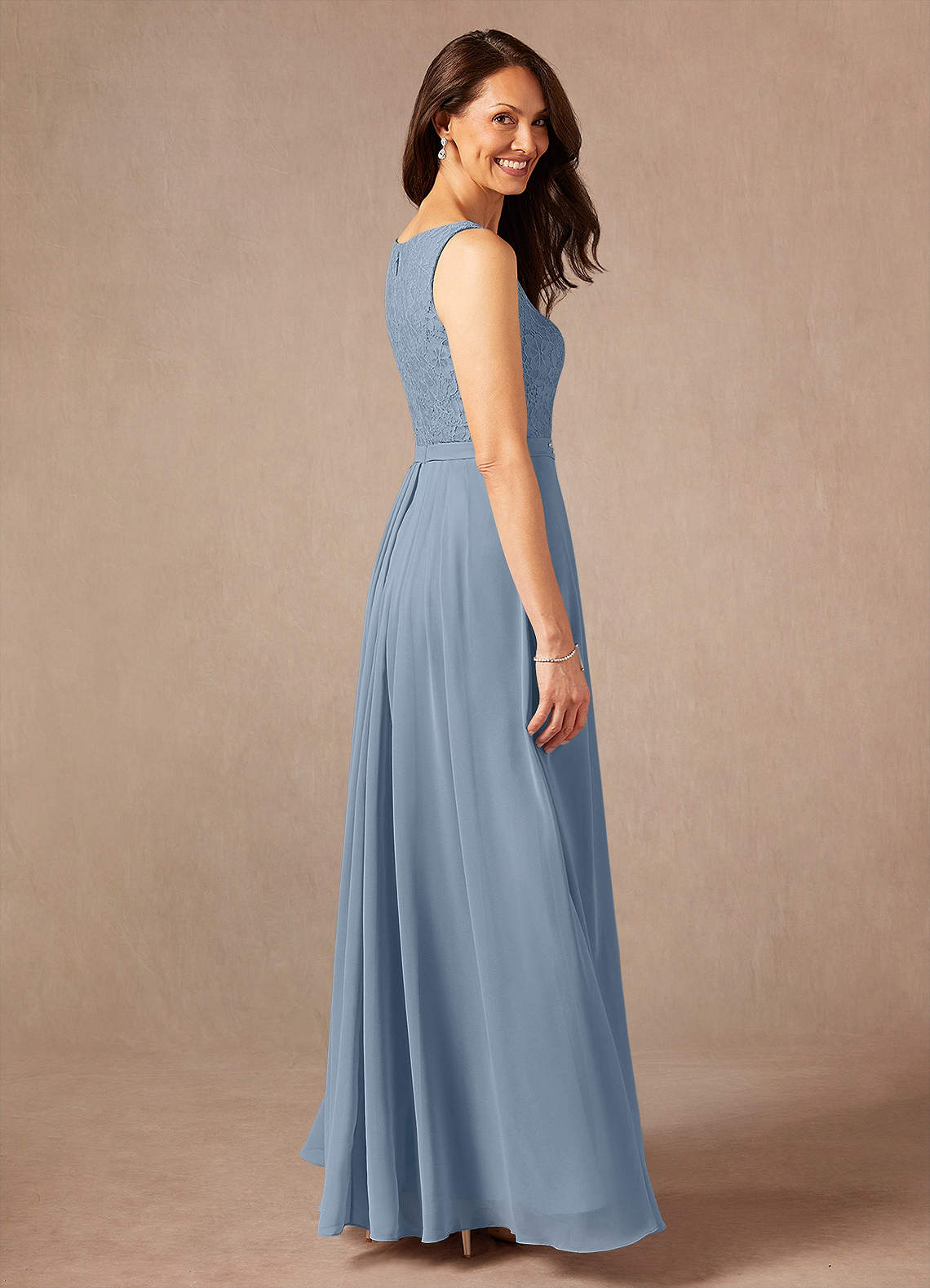 Ainsling A-Line Square-Neck Chiffon and Lace Mother of the Bride Dress in dusty blue