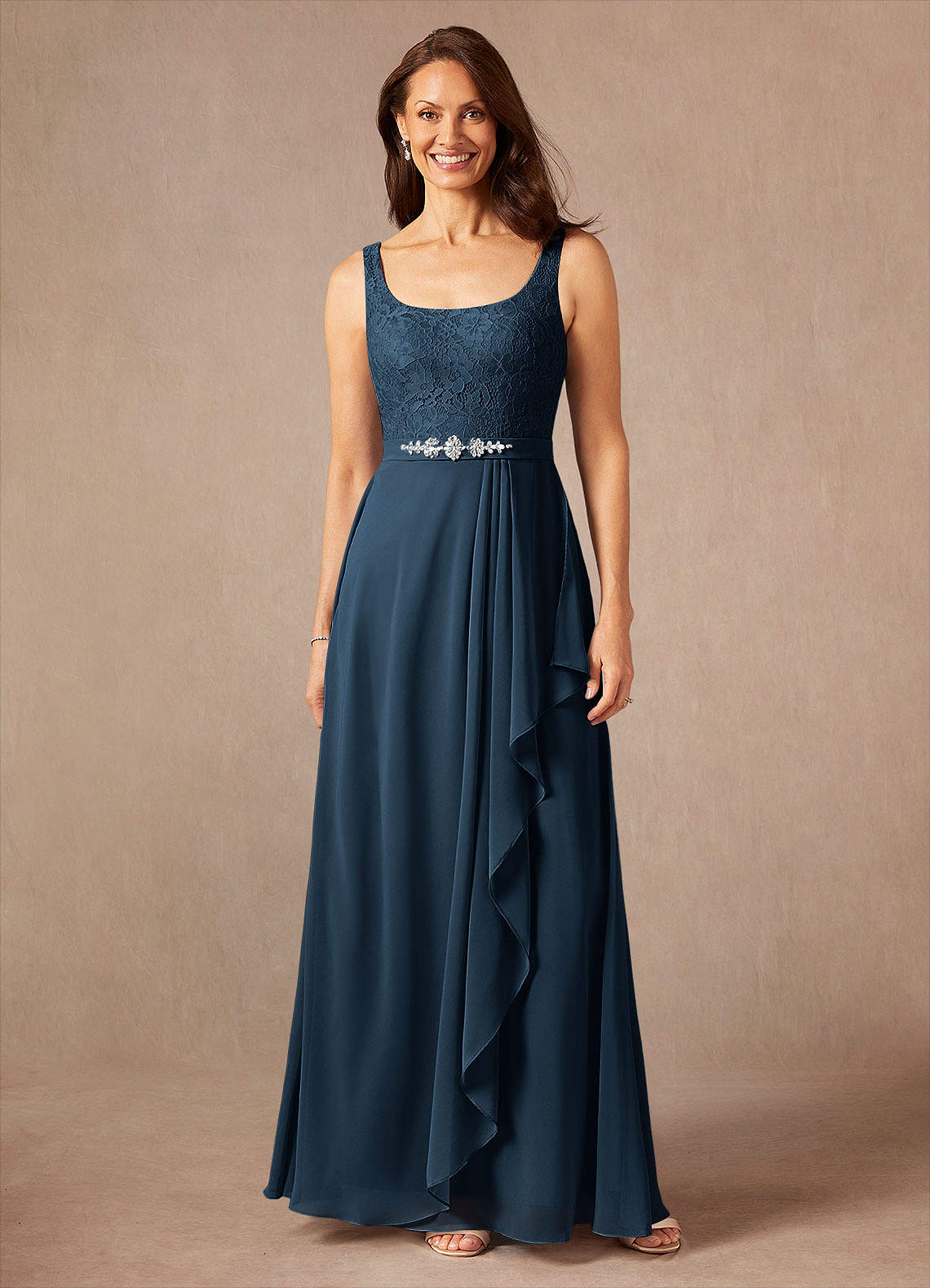 Ainsling A-Line Square-Neck Chiffon and Lace Mother of the Bride Dress in Dark Navy