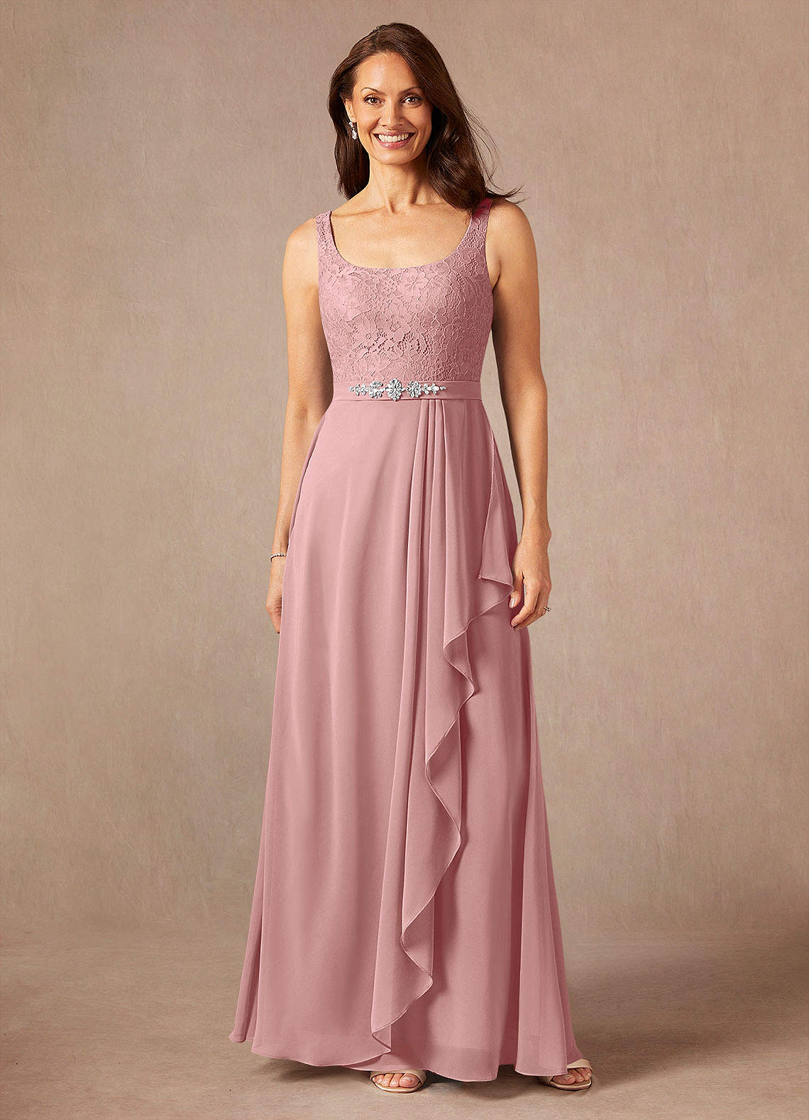 Ainsling A-Line Square-Neck Chiffon and Lace Mother of the Bride Dress in Dusty Rose
