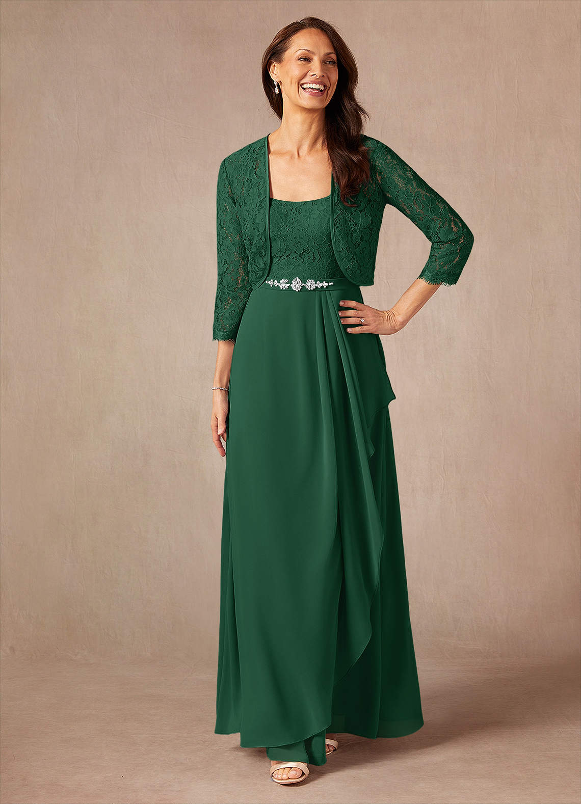 Ainsling A-Line Square-Neck Chiffon and Lace Mother of the Bride Dress in Dark Green