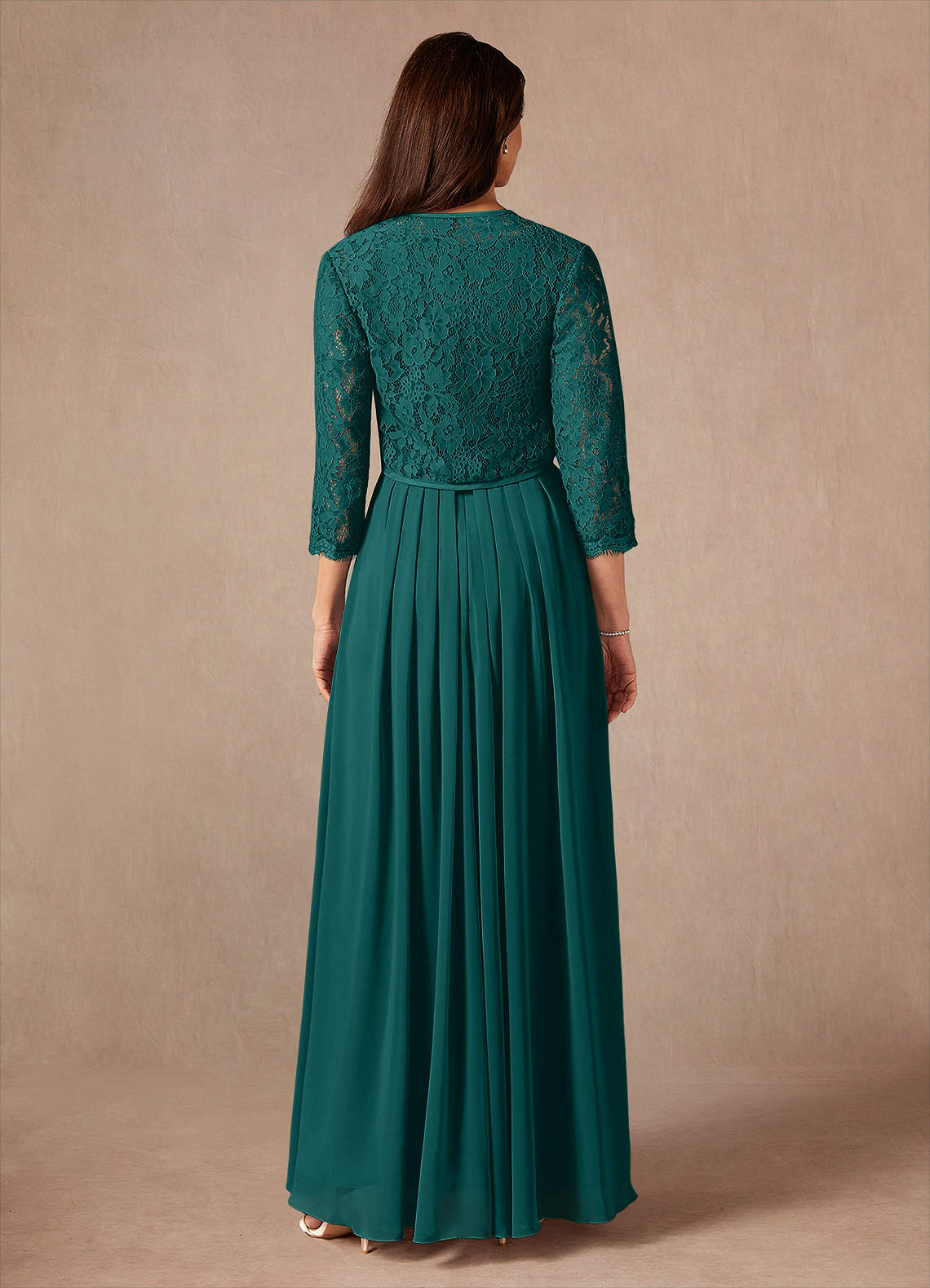 Ainsling A-Line Square-Neck Chiffon and Lace Mother of the Bride Dress in Peacock