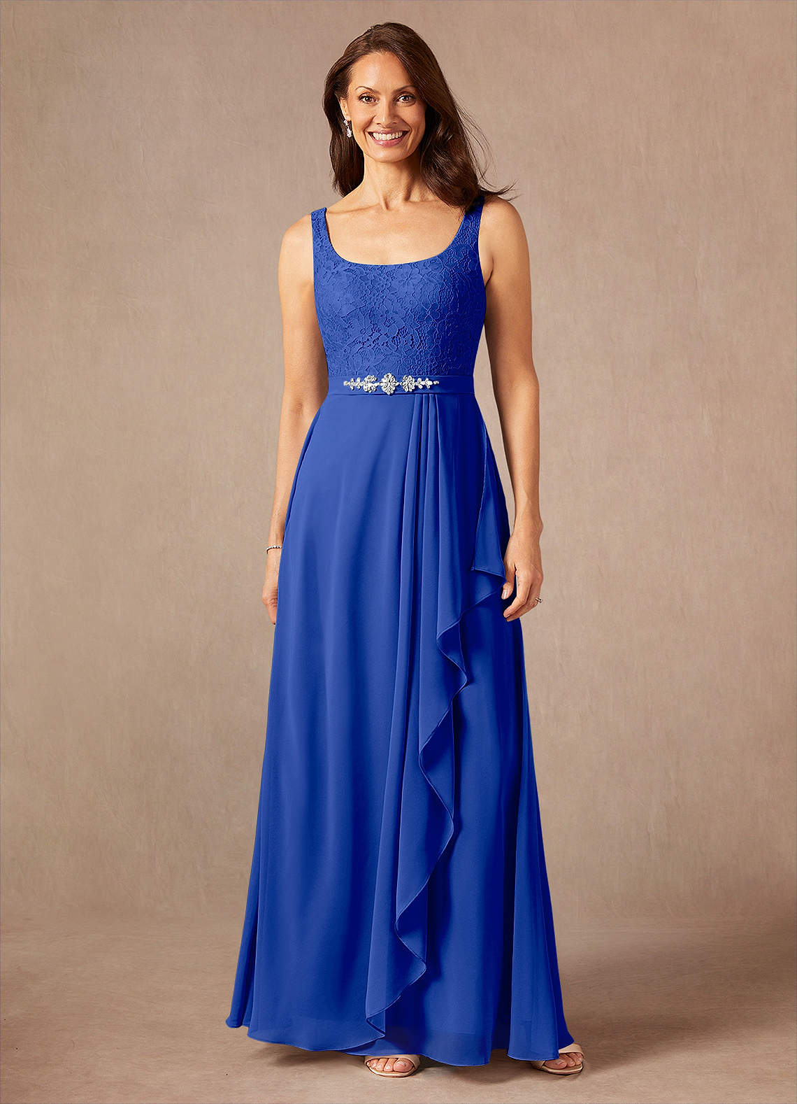 Ainsling A-Line Square-Neck Chiffon and Lace Mother of the Bride Dress in Royal Blue