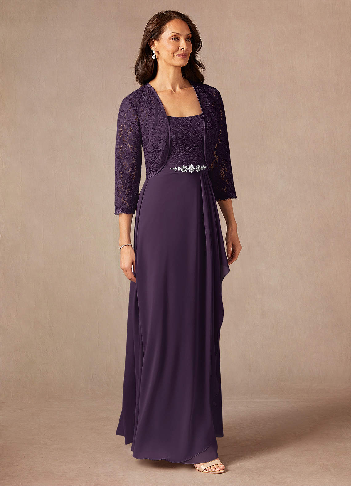 Ainsling A-Line Square-Neck Chiffon and Lace Mother of the Bride Dress