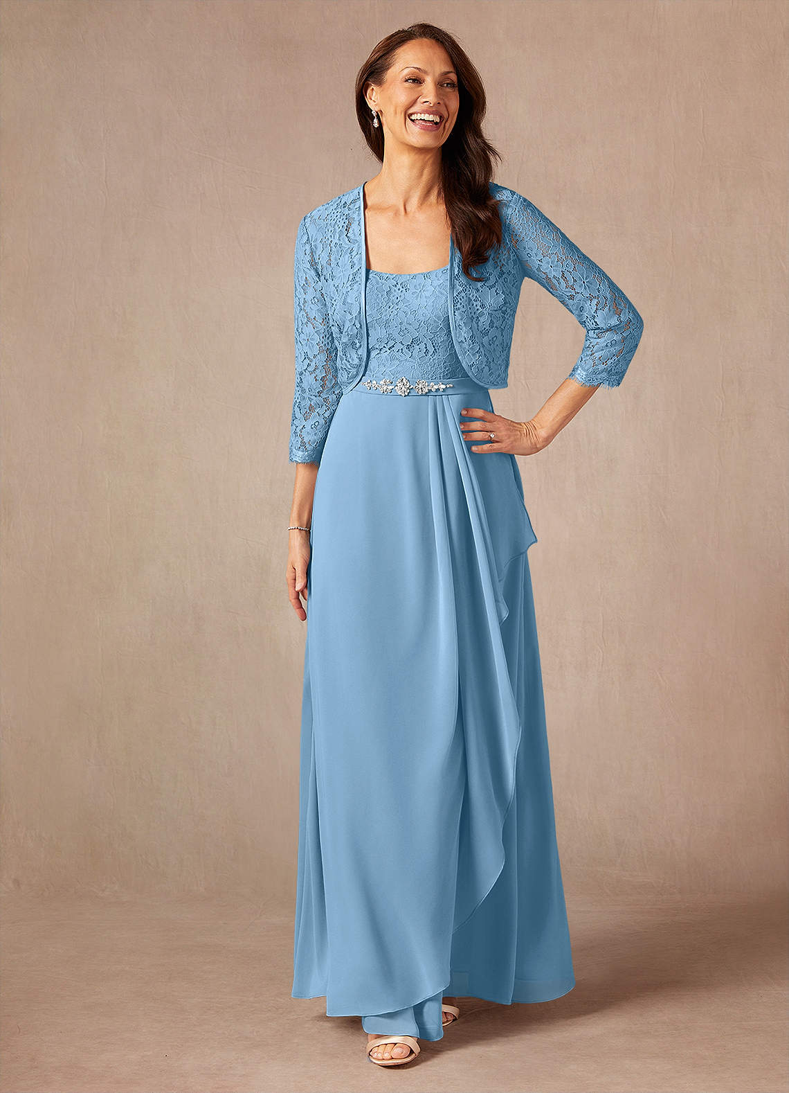 Ainsling A-Line Square-Neck Chiffon and Lace Mother of the Bride Dress in Steel Blue
