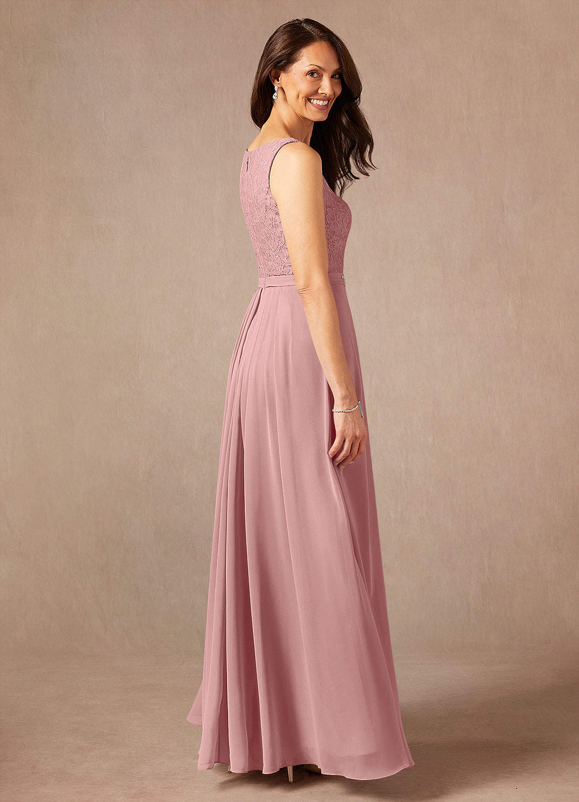 Ainsling A-Line Square-Neck Chiffon and Lace Mother of the Bride Dress in Dusty Rose