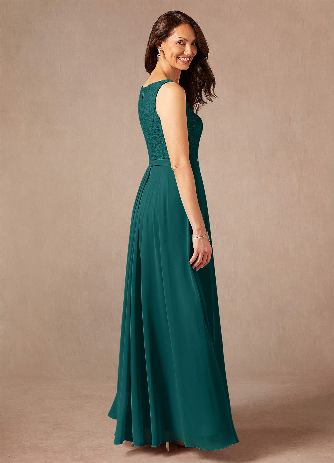 Ainsling A-Line Square-Neck Chiffon and Lace Mother of the Bride Dress in Peacock