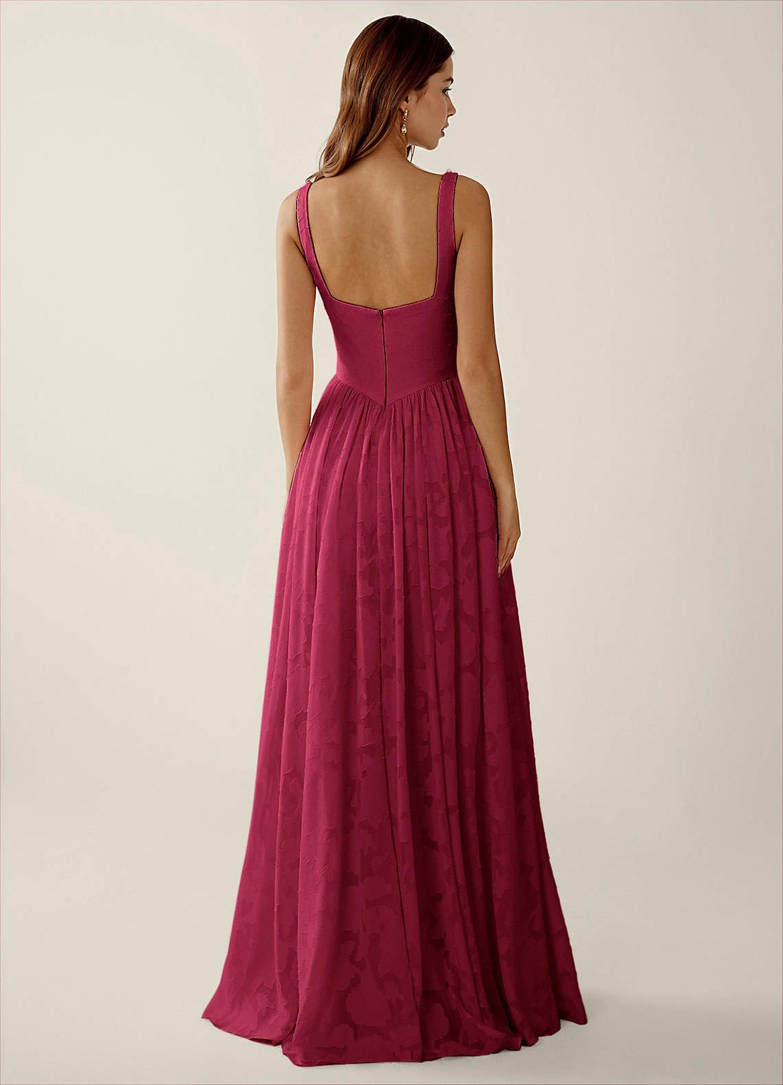 Megan A-Line Square-Neck Pearl-Trim Jacquard Prom Dress in Burgundy