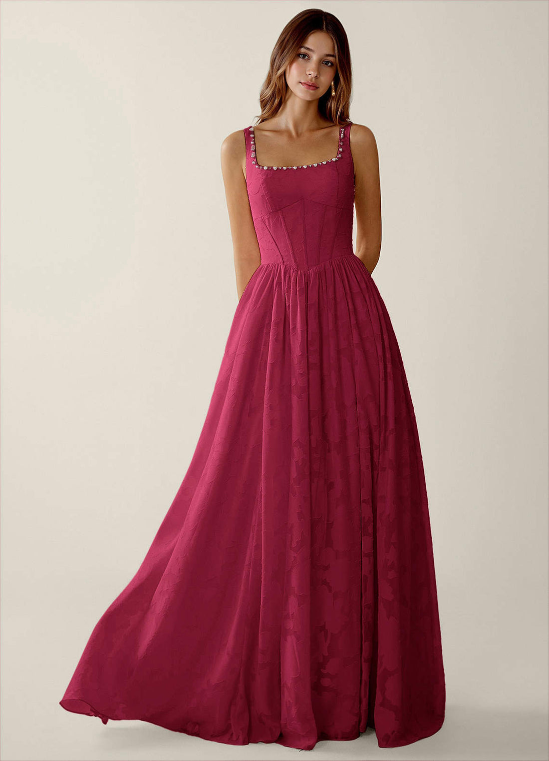 Megan A-Line Square-Neck Pearl-Trim Jacquard Prom Dress in Burgundy