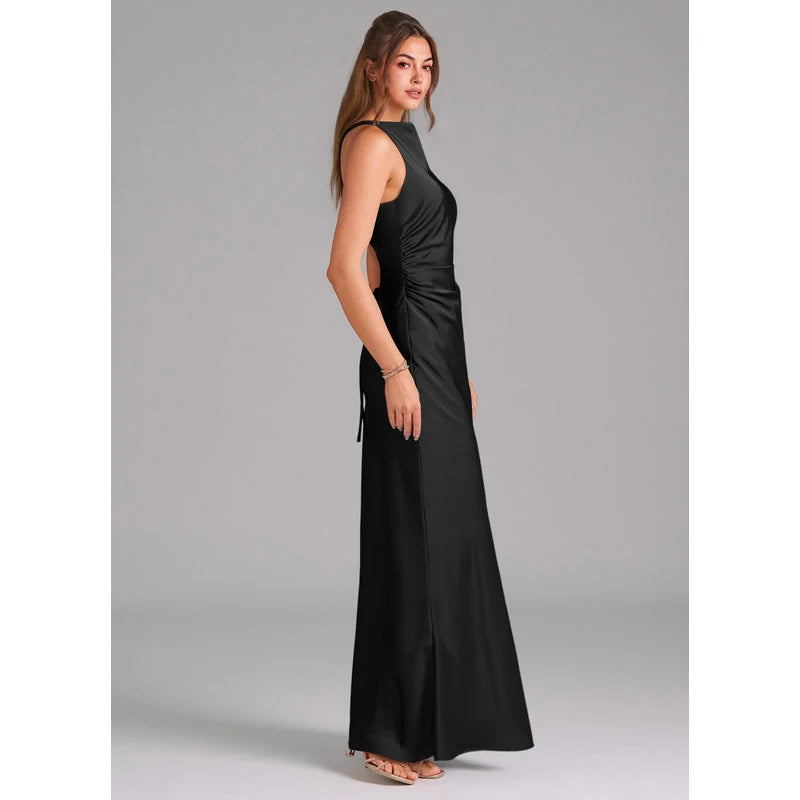 Evadne Sheath Scoop-Neck Stretch Satin Bridesmaid Dress in black - additional view 9