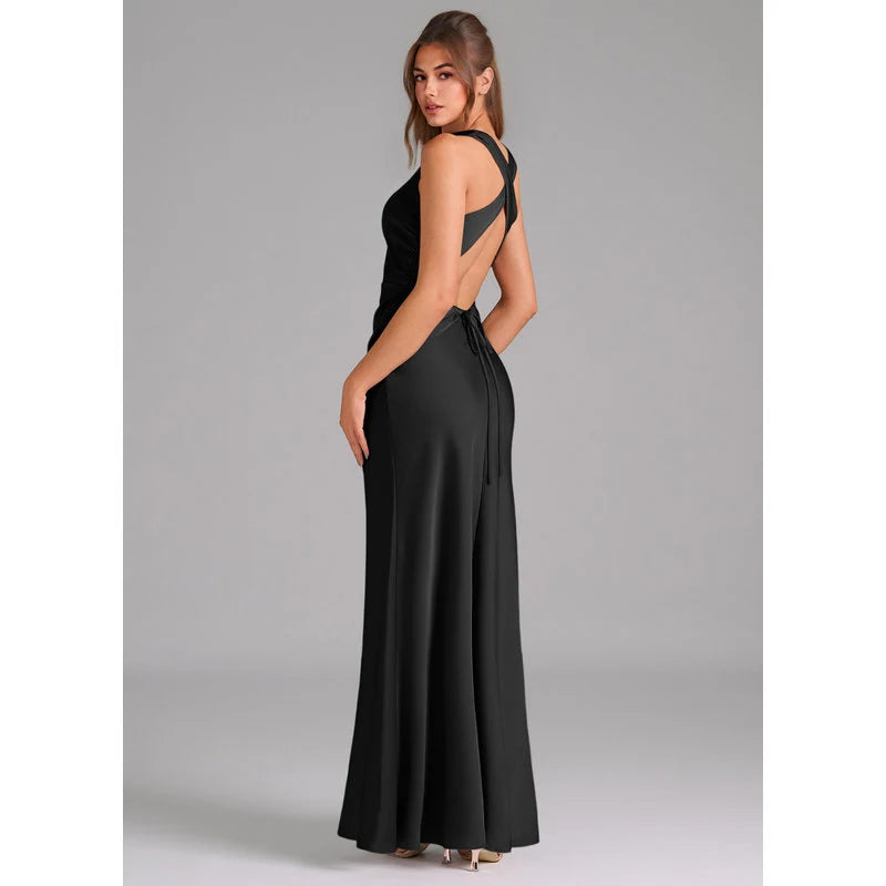 Evadne Sheath Scoop-Neck Stretch Satin Bridesmaid Dress in black - additional view 10