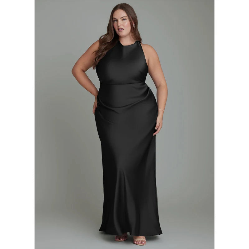 Evadne Sheath Scoop-Neck Stretch Satin Bridesmaid Dress in black - additional view 12