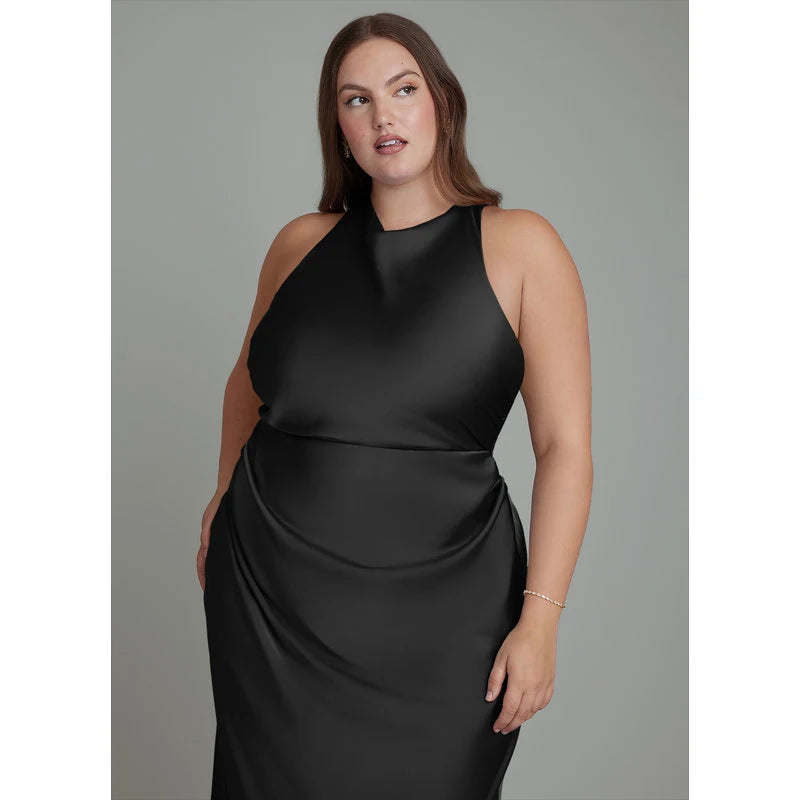 Evadne Sheath Scoop-Neck Stretch Satin Bridesmaid Dress in black - additional view 14
