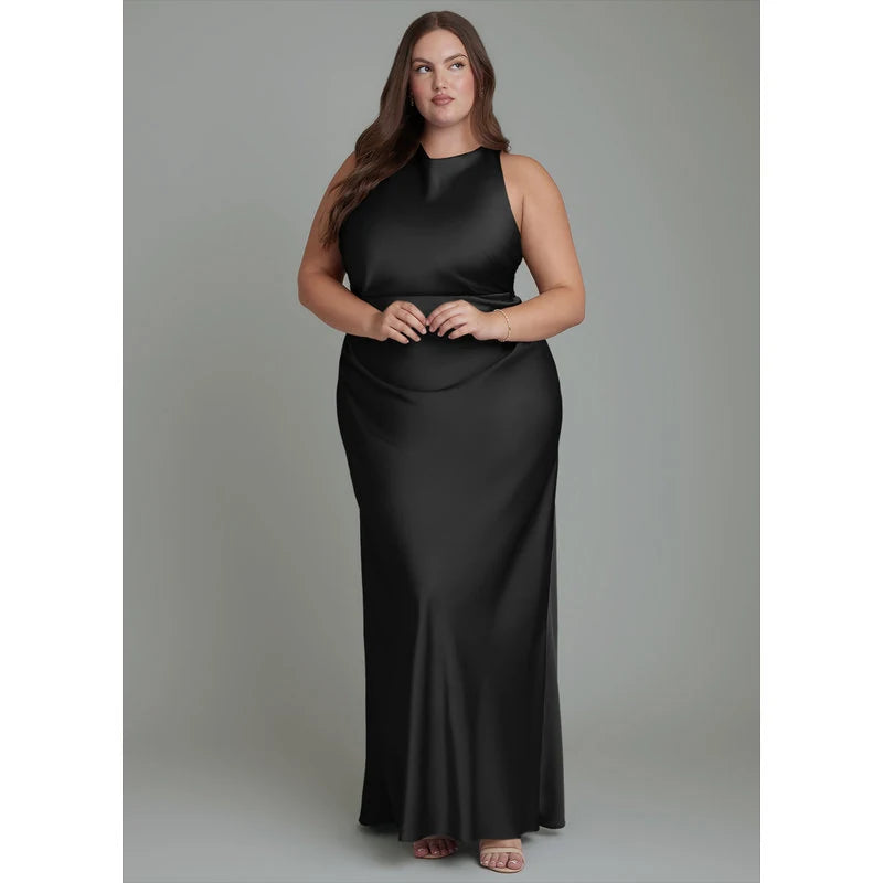 Evadne Sheath Scoop-Neck Stretch Satin Bridesmaid Dress in black - additional view 15